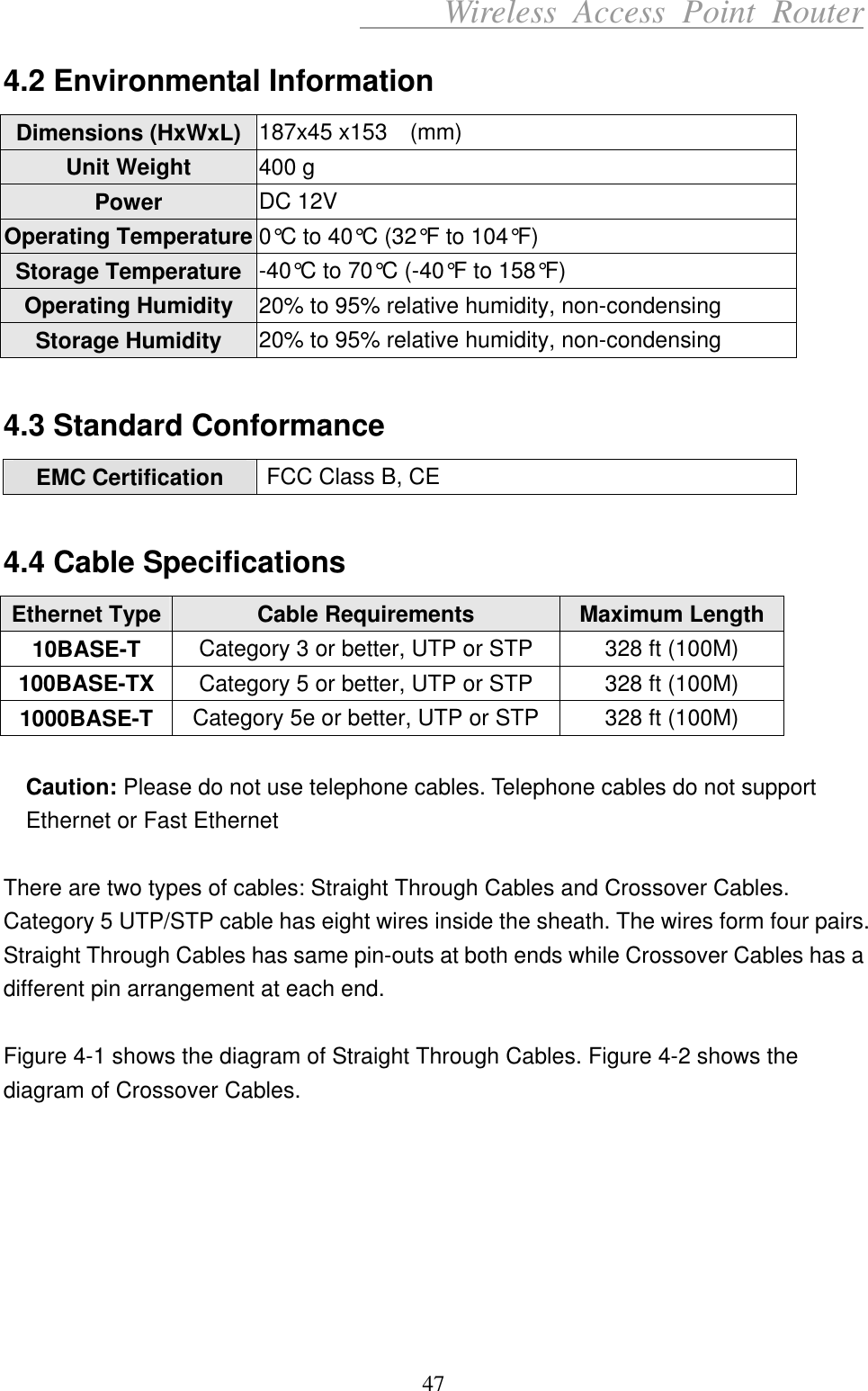      Wireless Access Point Router 4.2 Environmental Information Dimensions (HxWxL)  187x45 x153  (mm) Unit Weight  400 g Power  DC 12V Operating Temperature 0°C to 40°C (32°F to 104°F) Storage Temperature  -40°C to 70°C (-40°F to 158°F) Operating Humidity  20% to 95% relative humidity, non-condensing Storage Humidity  20% to 95% relative humidity, non-condensing  4.3 Standard Conformance EMC Certification  FCC Class B, CE  4.4 Cable Specifications Ethernet Type  Cable Requirements  Maximum Length 10BASE-T  Category 3 or better, UTP or STP 328 ft (100M) 100BASE-TX  Category 5 or better, UTP or STP 328 ft (100M) 1000BASE-T  Category 5e or better, UTP or STP 328 ft (100M)  Caution: Please do not use telephone cables. Telephone cables do not support Ethernet or Fast Ethernet  There are two types of cables: Straight Through Cables and Crossover Cables. Category 5 UTP/STP cable has eight wires inside the sheath. The wires form four pairs. Straight Through Cables has same pin-outs at both ends while Crossover Cables has a different pin arrangement at each end.    Figure 4-1 shows the diagram of Straight Through Cables. Figure 4-2 shows the diagram of Crossover Cables.        47 