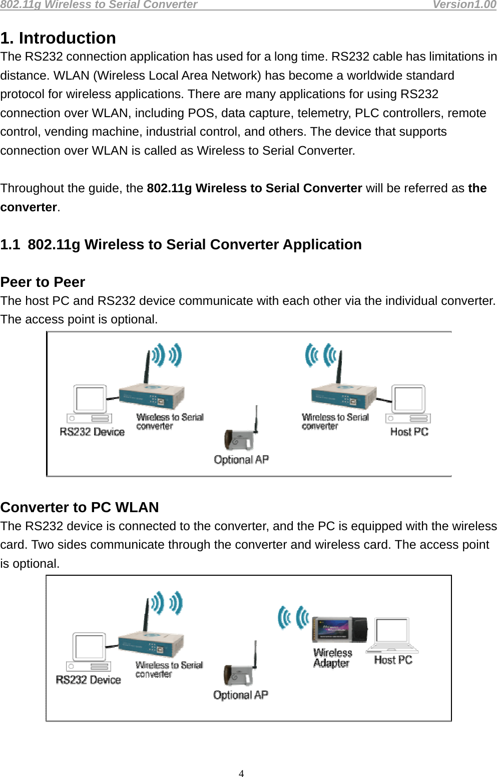 802.11g Wireless to Serial Converter                                         Version1.00  41. Introduction The RS232 connection application has used for a long time. RS232 cable has limitations in distance. WLAN (Wireless Local Area Network) has become a worldwide standard protocol for wireless applications. There are many applications for using RS232 connection over WLAN, including POS, data capture, telemetry, PLC controllers, remote control, vending machine, industrial control, and others. The device that supports connection over WLAN is called as Wireless to Serial Converter.    Throughout the guide, the 802.11g Wireless to Serial Converter will be referred as the converter.   1.1   802.11g Wireless to Serial Converter Application  Peer to Peer The host PC and RS232 device communicate with each other via the individual converter. The access point is optional.     Converter to PC WLAN The RS232 device is connected to the converter, and the PC is equipped with the wireless card. Two sides communicate through the converter and wireless card. The access point is optional.     