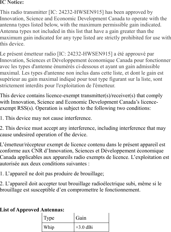 IC Notice:This radio transmitter [IC: 24232-HWSEN915] has been approved by Innovation, Science and Economic Development Canada to operate with the antenna types listed below, with the maximum permissible gain indicated. Antenna types not included in this list that have a gain greater than the maximum gain indicated for any type listed are strictly prohibited for use withthis device.Le pr&eacute;sent &eacute;metteur radio [IC: 24232-HWSEN915] a &eacute;t&eacute; approuv&eacute; par Innovation, Sciences et D&eacute;veloppement &eacute;conomique Canada pour fonctionneravec les types d'antenne &eacute;num&eacute;r&eacute;s ci-dessous et ayant un gain admissible maximal. Les types d'antenne non inclus dans cette liste, et dont le gain est sup&eacute;rieur au gain maximal indiqu&eacute; pour tout type figurant sur la liste, sont strictement interdits pour l'exploitation de l'&eacute;metteur.This device contains licence-exempt transmitter(s)/receiver(s) that comply with Innovation, Science and Economic Development Canada&rsquo;s licence-exempt RSS(s). Operation is subject to the following two conditions:1. This device may not cause interference.2. This device must accept any interference, including interference that may cause undesired operation of the device.L&rsquo;&eacute;metteur/r&eacute;cepteur exempt de licence contenu dans le pr&eacute;sent appareil est conforme aux CNR d&rsquo;Innovation, Sciences et D&eacute;veloppement &eacute;conomique Canada applicables aux appareils radio exempts de licence. L&rsquo;exploitation est autoris&eacute;e aux deux conditions suivantes :1. L&rsquo;appareil ne doit pas produire de brouillage;2. L&rsquo;appareil doit accepter tout brouillage radio&eacute;lectrique subi, m&ecirc;me si le brouillage est susceptible d&rsquo;en compromettre le fonctionnement.List of Approved Antennas:Type GainWhip +3.0 dBi