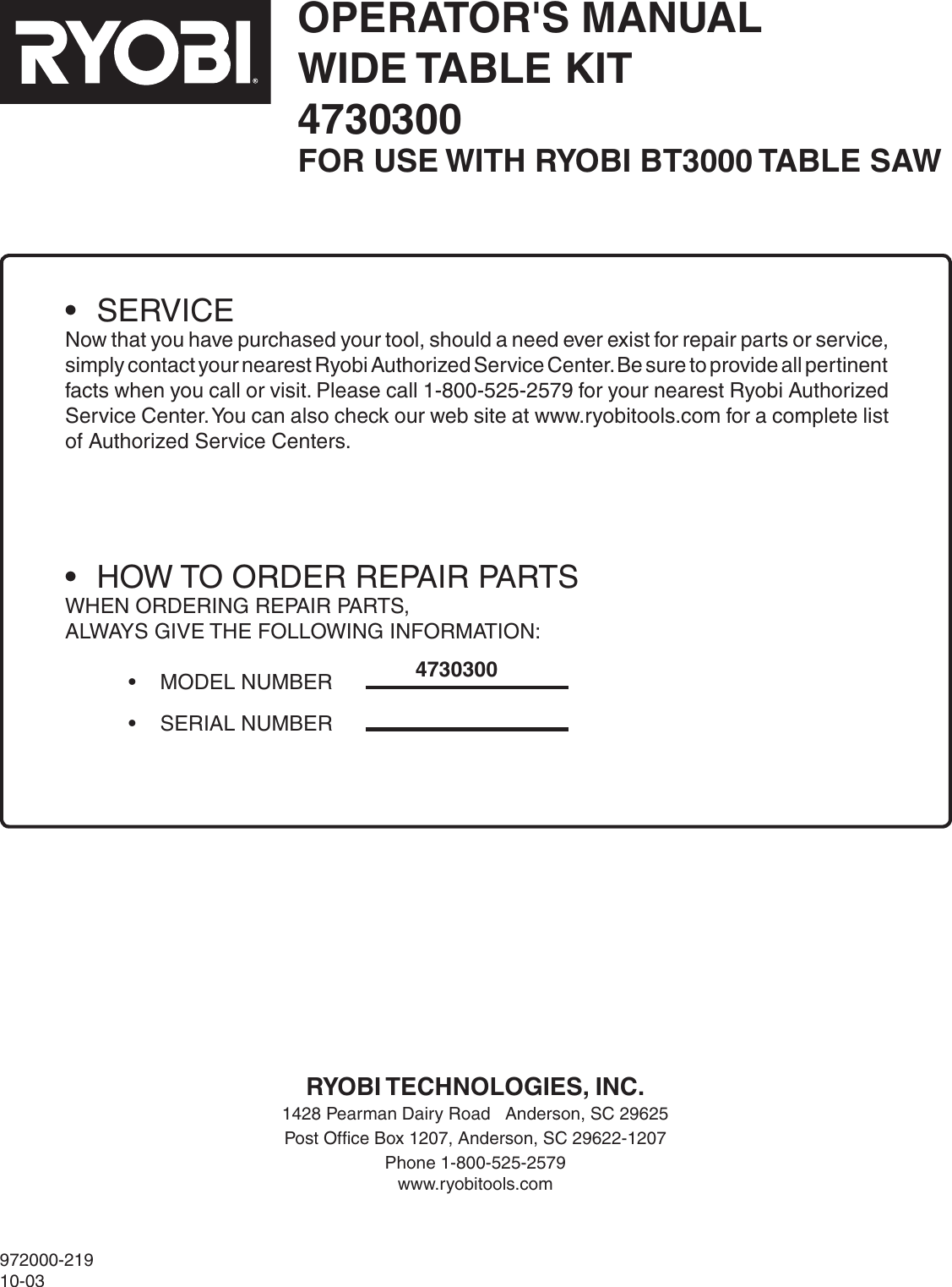 Page 10 of 10 - Ryobi Ryobi-4730300-Owner-S-Manual