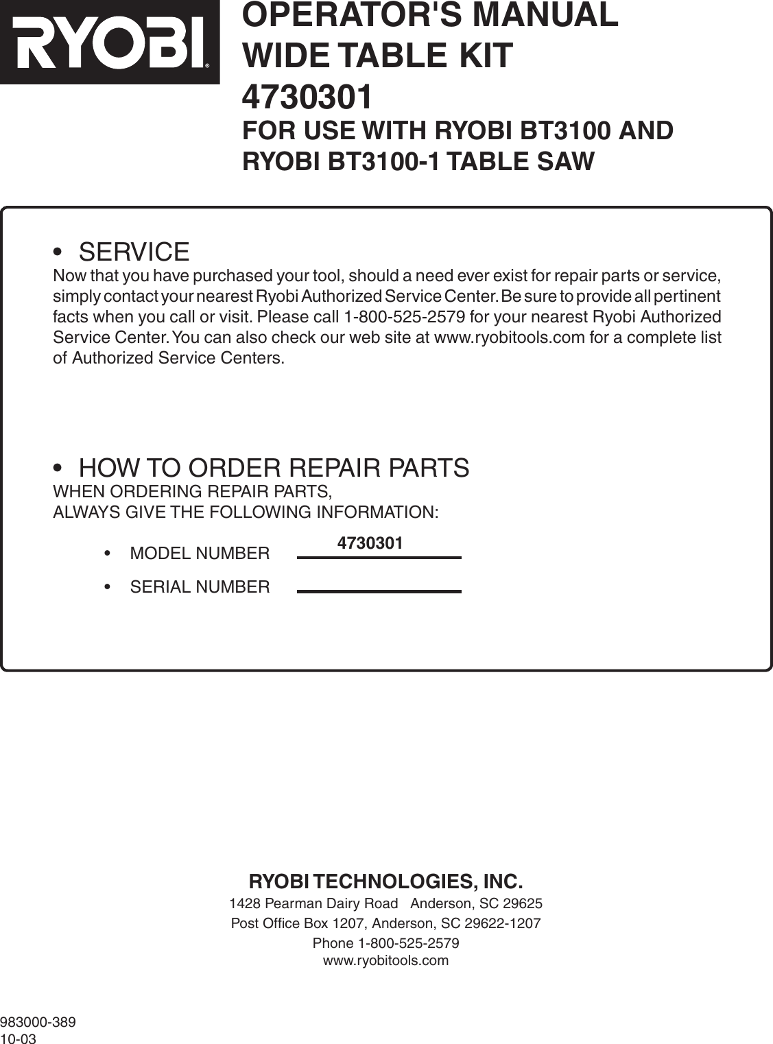 Page 10 of 10 - Ryobi Ryobi-4730301-Users-Manual-  Ryobi-4730301-users-manual