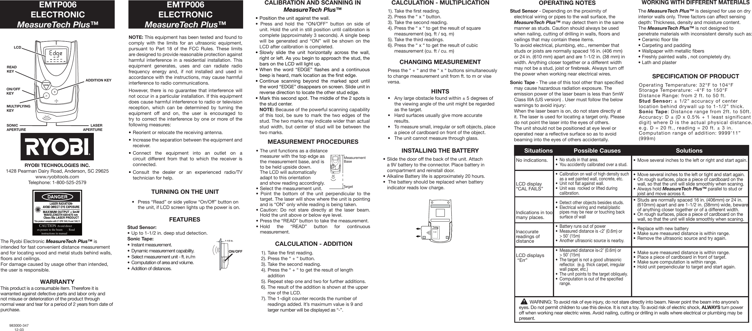 Page 1 of 1 - Ryobi Ryobi-Emtp006-Owner-S-Manual