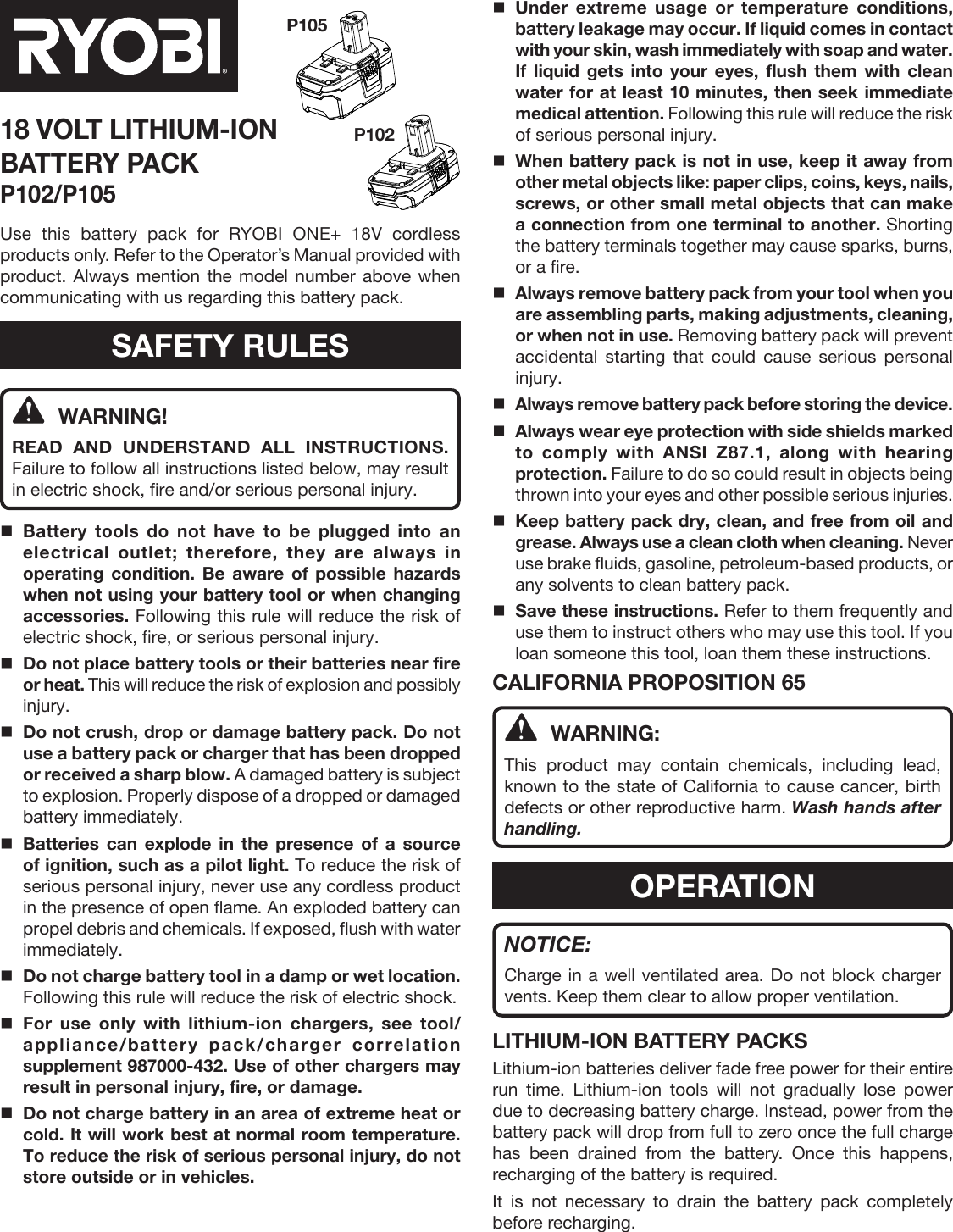 Page 1 of 6 - Ryobi Ryobi-P102-P105-Owner-S-Manual