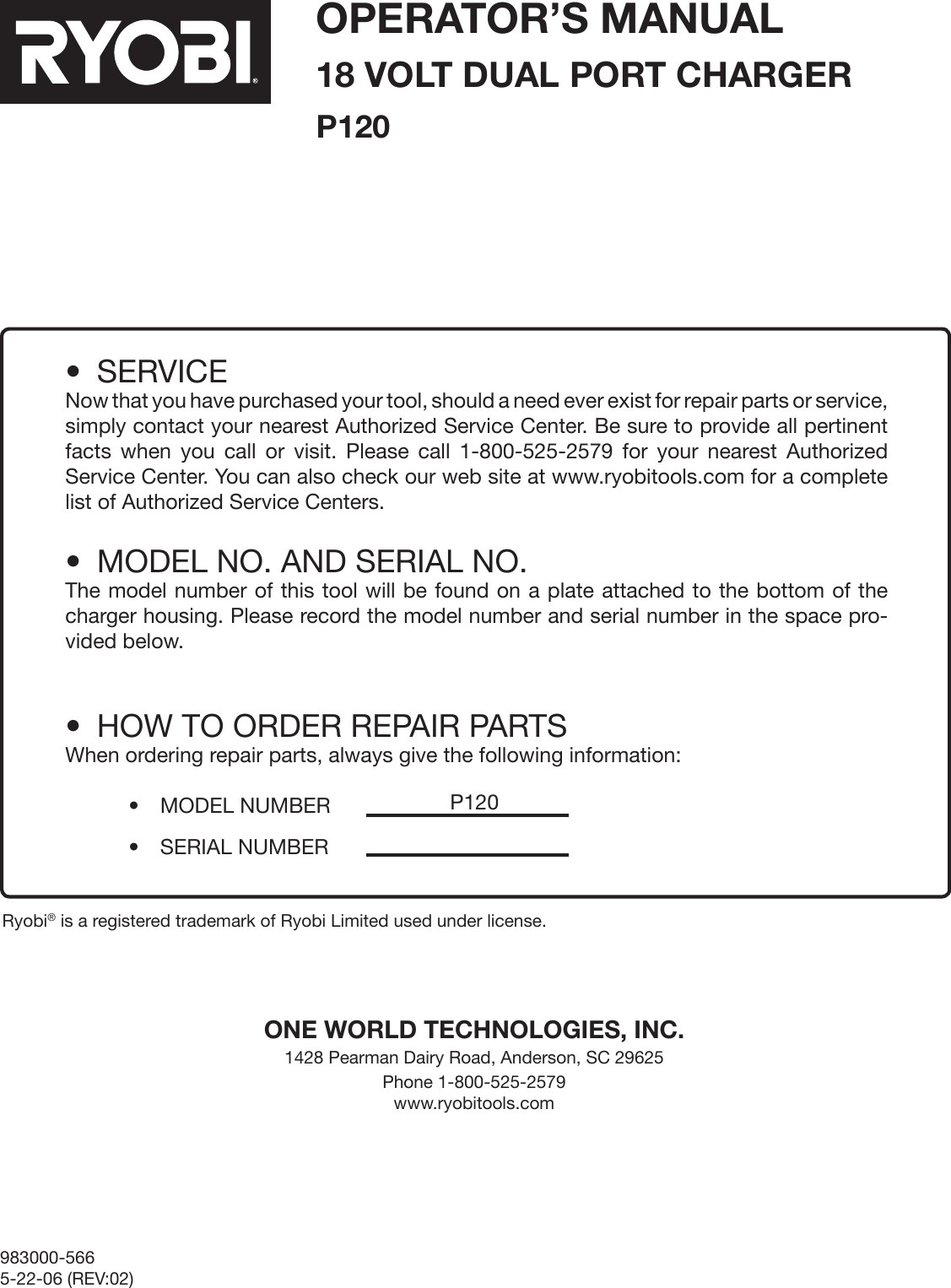 Page 8 of 8 - Ryobi Ryobi-P120-Owner-S-Manual P120_566_eng