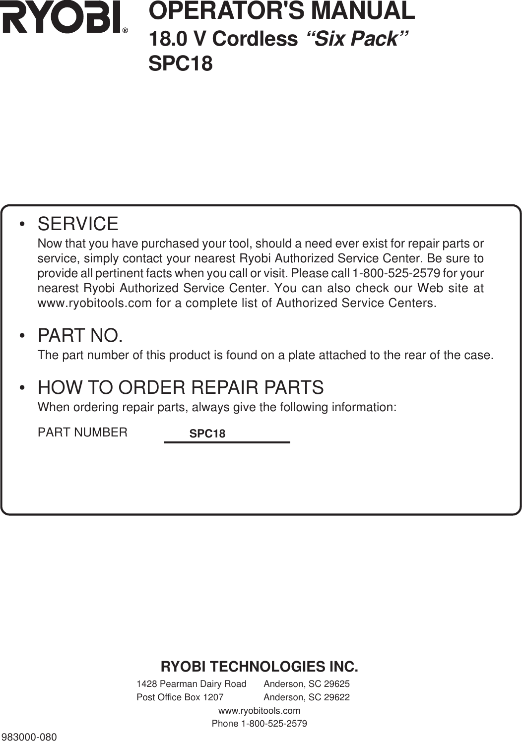 Page 12 of 12 - Ryobi Ryobi-Spc18-Mk618K3-Owner-S-Manual Six_pack_080_eng