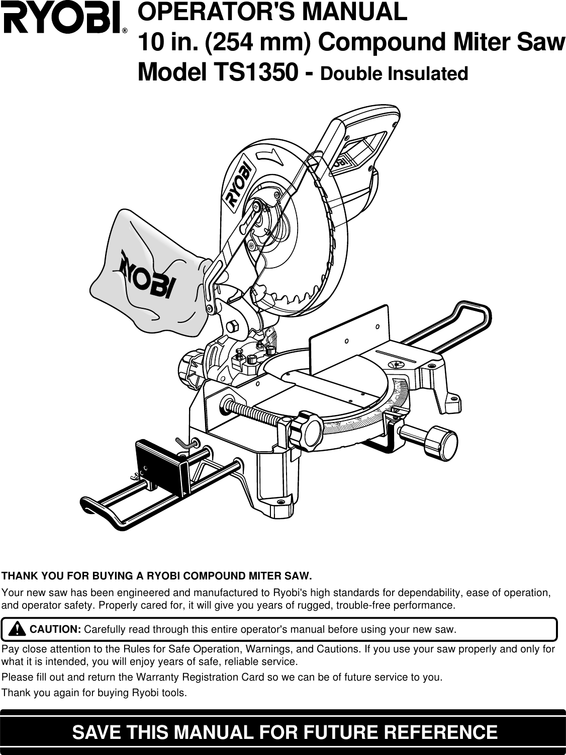 Ryobi Ts1350 Users Manual 212100 (553) Eng.7/17