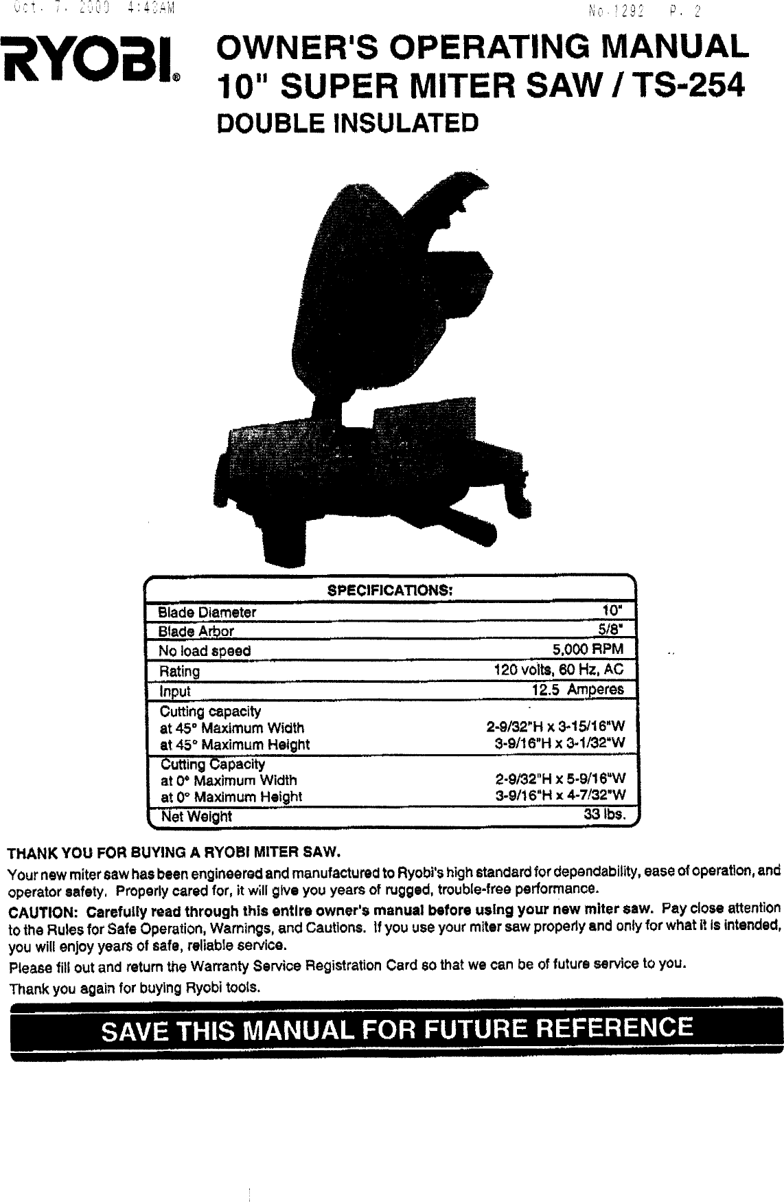 Page 1 of 3 - Ryobi Ryobi-Ts254-Owner-S-Manual
