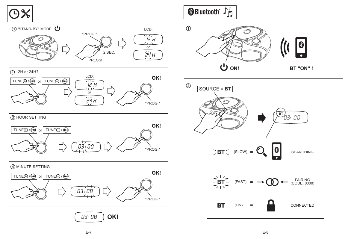 E-7 1  &quot;STAND-BY&quot; MODE &quot;PROG.&quot; 2  12H or 24H?3  HOUR SETTINGor12 H24HLCD:OK! &quot;PROG.&quot;  OK!2 SEC.or12 H24HLCD::03  00  &quot;PROG.&quot;  4  MINUTE SETTING:03  08 &quot;PROG.&quot;  :03  08E-8BT   SOURCE = BT BT:03  00PRESS!OK!OK!BT &quot;ON&quot; !ON!=BT   =SEARCHINGPAIRING(CODE: 0000)BT  BT  (SLOW)(FAST)(ON) =CONNECTED  TUNE     / TUNE     /  orTUNE     / TUNE     /  orTUNE     / TUNE     /  or 1    2