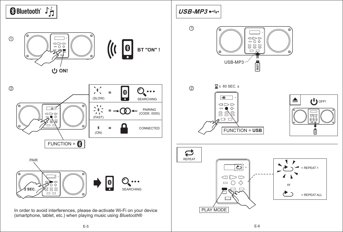 E-6E-5ON!BT &quot;ON&quot; ! 1    2FUNCTION =  ==(SLOW)(FAST)(ON)=SEARCHINGPAIRING(CODE: 0000)CONNECTED  PAIR 2 SEC....SEARCHING...USB-MP3USB-MP3   1   REPEAT  = REPEAT 1or= REPEAT ALLPLAY MODEUSBFUNCTION = USB  ~~60 SEC. ± 2OFF!USBUSBUSBIn order to avoid interferences, please de-activate Wi-Fi on your device (smartphone, tablet, etc.) when playing music using Bluetooth®