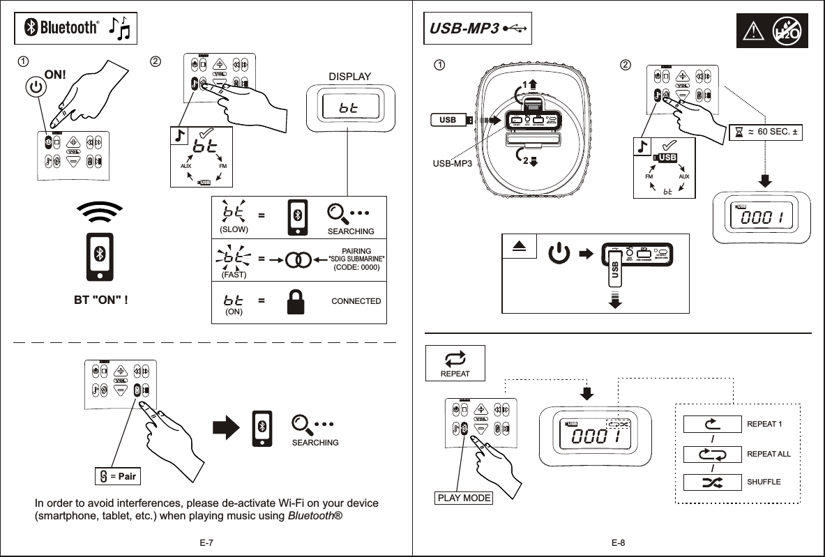 AUXINPUTUSB MP3 USB CHARGERDC INPUT(MICRO USB)12E-8E-7BT &quot;ON&quot; ! 2   ==(SLOW)(FAST)(ON)=SEARCHINGPAIRING&quot;SDIG SUBMARINE&quot;(CODE: 0000)CONNECTED   2 SEC....SEARCHING...USB-MP3USB-MP3  USB 1   REPEAT  REPEAT 1SHUFFLE/REPEAT ALL/In order to avoid interferences, please de-activate Wi-Fi on your device (smartphone, tablet, etc.) when playing music using Bluetooth®ON! 1    = Pair 2   USBAUXINPUTUSB MP3 USB CHARGERDC INPUT(MICRO USB)~~60 SEC. ±USBPLAY MODEH2OUSBFMAUXUSBFM AUXUSBDISPLAY