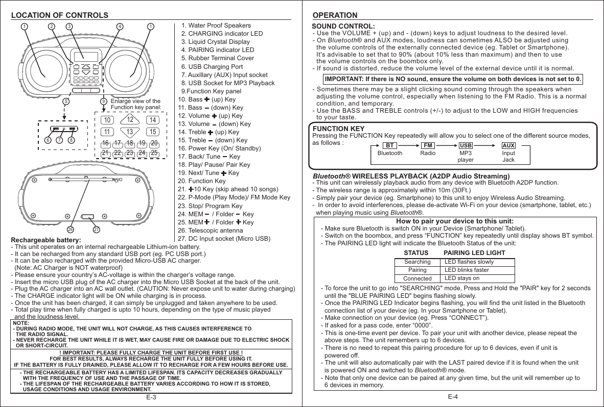   1. Water Proof Speakers  2. CHARGING indicator LED  3. Liquid Crystal Display  4. PAIRING indicator LED  5. Rubber Terminal Cover   6. USB Charging Port  7. Auxillary (AUX) Input socket  8. USB Socket for MP3 Playback  9.Function Key panel10. Bass     (up) Key11. Bass     (down) Key12. Volume     (up) Key13. Volume     (down) Key14. Treble     (up) Key15. Treble     (down) Key16. Power Key (On/ Standby)17. Back/ Tune     Key18. Play/ Pause/ Pair Key19. Next/ Tune     Key20. Function Key21.    10 Key (skip ahead 10 songs)22. P-Mode (Play Mode)/ FM Mode Key23. Stop/ Program Key24. MEM     / Folder     Key25. MEM     / Folder     Key26. Telescopic antenna27. DC Input socket (Micro USB)LOCATION OF CONTROLSE-3Rechargeable battery: 2726- This unit operates on an internal rechargeable Lithium-ion battery.- It can be recharged from any standard USB port (eg. PC USB port.)- It can be also recharged with the provided Micro-USB AC charger.   (Note: AC Charger is NOT waterproof)- Please ensure your country’s AC-voltage is within the charger’s voltage range.- Insert the micro USB plug of the AC charger into the Micro USB Socket at the back of the unit.- Plug the AC charger into an AC wall outlet. (CAUTION: Never expose unit to water during charging)- The CHARGE indicator light will be ON while charging is in process.- Once the unit has been charged, it can simply be unplugged and taken anywhere to be used.- Total play time when fully charged is upto 10 hours, depending on the type of music played   and the loudness level.    ! IMPORTANT: PLEASE FULLY CHARGE THE UNIT BEFORE FIRST USE !FOR BEST RESULTS, ALWAYS RECHARGE THE UNIT FULLY BEFORE USING IT.IF THE BATTERY IS FULLY DRAINED, PLEASE ALLOW IT TO RECHARGE FOR A FEW HOURS BEFORE USE.Enlarge view of the Function key panel:1 2 341016 71112 1413 1516 17 18 19 2021 22 23 24 25- THE RECHARGEABLE BATTERY HAS A LIMITED LIFESPAN. ITS CAPACITY DECREASES GRADUALLY   WITH THE FREQUENCY OF USE AND THE PASSAGE OF TIME.- THE LIFESPAN OF THE RECHARGEABLE BATTERY VARIES ACCORDING TO HOW IT IS STORED,   USAGE CONDITIONS AND USAGE ENVIRONMENT.859NOTE: - DURING RADIO MODE, THE UNIT WILL NOT CHARGE, AS THIS CAUSES INTERFERENCE TO   THE RADIO SIGNAL.  OR SHORT-CIRCUIT.- NEVER RECHARGE THE UNIT WHILE IT IS WET, MAY CAUSE FIRE OR DAMAGE DUE TO ELECTRIC SHOCK E-4OPERATIONSOUND CONTROL:IMPORTANT: If there is NO sound, ensure the volume on both devices is not set to 0.Bluetooth® WIRELESS PLAYBACK (A2DP Audio Streaming)- This unit can wirelessly playback audio from any device with Bluetooth A2DP function.- The wireless range is approximately within 10m (30Ft.)- Simply pair your device (eg. Smartphone) to this unit to enjoy Wireless Audio Streaming.   -  In order to avoid interferences, please de-activate Wi-Fi on your device (smartphone, tablet, etc.)   when playing music using Bluetooth®.How to pair your device to this unit:- Make sure Bluetooth is switch ON in your Device (Smartphone/ Tablet).- Switch on the boombox, and press “FUNCTION” key repeatedly until display shows BT symbol.- The PAIRING LED light will indicate the Bluetooth Status of the unit:   - To force the unit to go into &quot;SEARCHING&quot; mode, Press and Hold the &quot;PAIR&quot; key for 2 seconds   until the &quot;BLUE PAIRING LED&quot; begins flashing slowly.- Once the PAIRING LED Indicator begins flashing, you will find the unit listed in the Bluetooth   connection list of your device (eg. In your Smartphone or Tablet).- Make connection on your device (eg. Press “CONNECT”).- If asked for a pass code, enter “0000”.- This is one-time event per device. To pair your unit with another device, please repeat the   above steps. The unit remembers up to 6 devices.   - There is no need to repeat this pairing procedure for up to 6 devices, even if unit is   powered off.- The unit will also automatically pair with the LAST paired device if it is found when the unit   is powered ON and switched to Bluetooth® mode.  - Note that only one device can be paired at any given time, but the unit will remember up to   6 devices in memory.Searching LED flashes slowlyPairing LED blinks fasterConnected LED stays onSTATUS PAIRING LED LIGHTFUNCTION KEYPressing the FUNCTION Key repeatedly will allow you to select one of the different source modes, as follows : BT FM USB AUXBluetooth Radio MP3playerInput Jack- Use the VOLUME + (up) and - (down) keys to adjust loudness to the desired level.- On Bluetooth® and AUX modes, loudness can sometimes ALSO be adjusted using   the volume controls of the externally connected device (eg. Tablet or Smartphone).   It&apos;s advisable to set that to 90% (about 10% less than maximum) and then to use   the volume controls on the boombox only.- If sound is distorted, reduce the volume level of the external device until it is normal. - Sometimes there may be a slight clicking sound coming through the speakers when   adjusting the volume control, especially when listening to the FM Radio. This is a normal   condition, and temporary. - Use the BASS and TREBLE controls (+/-) to adjust to the LOW and HIGH frequencies   to your taste.