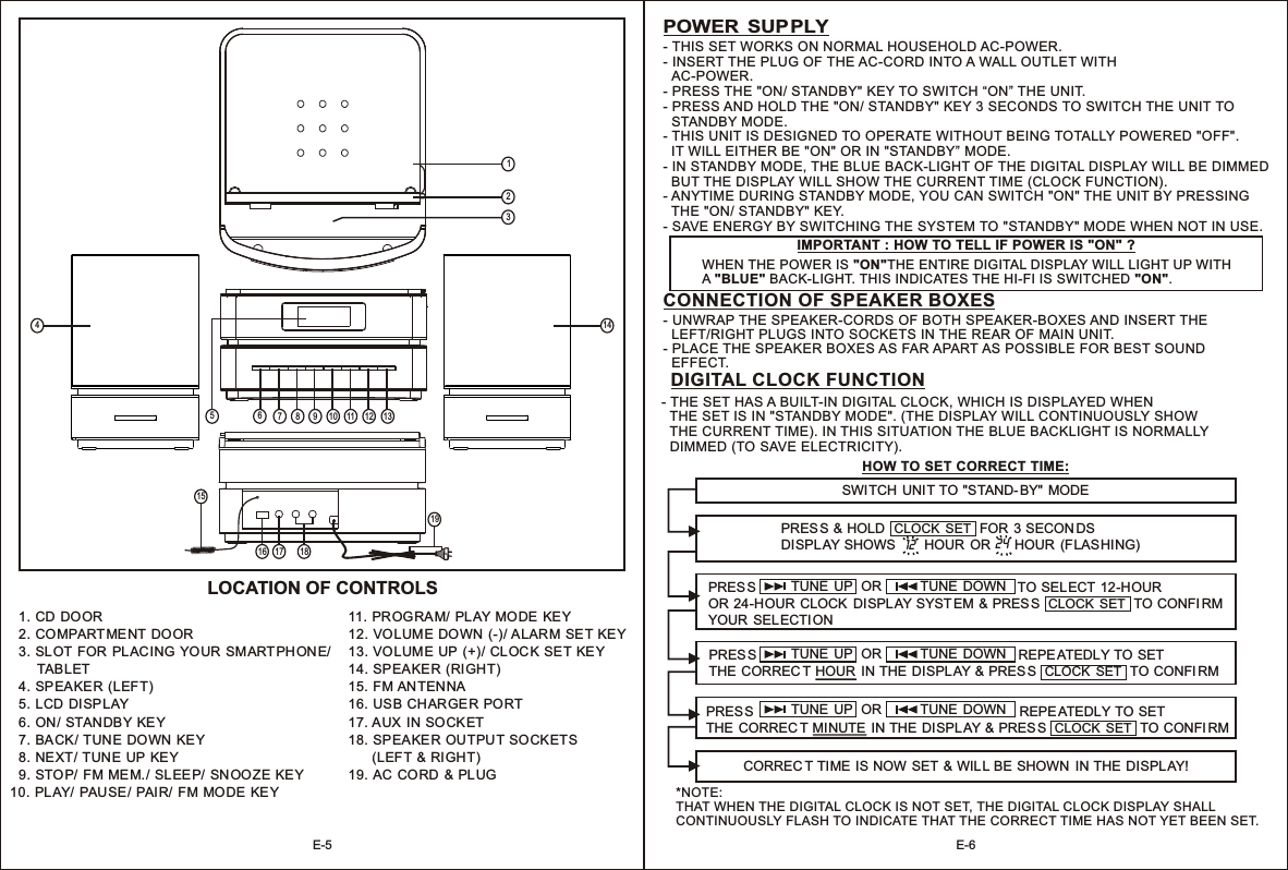 LOCATION OF CONTROLS   1. CD  DOOR  2. COMPART MENT DO OR  3. SLOT  FOR PLACING YOUR  SMART PH ONE/        TABLET  4. SPEAKER (LEFT)  5. LCD  DISPLAY  6. ON/ STANDBY KEY  7. BACK/ TUNE DOWN KE Y  8. NEXT/ TUNE UP  KEY  9. STO P/  FM MEM. / SLEEP/  SNOOZE KEY10.  PLAY/ PAUSE/ PAIR/  FM  MODE  KEY11. PROG RAM/  PLAY MODE  KEY12.  VOLUME DOWN  (-)/ ALARM SET KEY 13.  VOLUME UP (+)/ CLOC K SET KEY14.  SPEAKER (RIGH T)15.  FM ANTEN NA16.  USB CHARGER  PORT 17. AUX  IN SOCKET18.  SPEAKER OUTPU T SOCK ETS       (LEFT &amp;  RIGHT) 19.  AC  CORD  &amp; PLUGPOWER SUPPLYWHEN THE POWER IS  THE ENTIRE DIGITAL DISPLAY WILL LIGHT UP WITHA &quot;BLUE&quot; BACK-LIGHT. THIS INDICATES THE HI-FI IS SWITCHED &quot;ON&quot;. &quot;ON&quot;IMPORTANT : HOW TO TELL IF POWER IS &quot;ON&quot; ?- THIS SET WORKS ON NORMAL HOUSEHOLD AC-POWER.- INSERT THE PLUG OF THE AC-CORD INTO A WALL OUTLET WITH   AC-POWER.- PRESS THE &quot;ON/ STANDBY&quot; KEY TO SWITCH “ON” THE UNIT.- PRESS AND HOLD THE &quot;ON/ STANDBY&quot; KEY 3 SECONDS TO SWITCH THE UNIT TO   STANDBY MODE.- THIS UNIT IS DESIGNED TO OPERATE WITHOUT BEING TOTALLY POWERED &quot;OFF&quot;.   IT WILL EITHER BE &quot;ON&quot; OR IN &quot;STANDBY” MODE.- IN STANDBY MODE, THE BLUE BACK-LIGHT OF THE DIGITAL DISPLAY WILL BE DIMMED   BUT THE DISPLAY WILL SHOW THE CURRENT TIME (CLOCK FUNCTION).- ANYTIME DURING STANDBY MODE, YOU CAN SWITCH &quot;ON&quot; THE UNIT BY PRESSING   THE &quot;ON/ STANDBY&quot; KEY.- SAVE ENERGY BY SWITCHING THE SYSTEM TO &quot;STANDBY&quot; MODE WHEN NOT IN USE.CONNECTION OF SPEAKER BOXES- UNWRAP THE SPEAKER-CORDS OF BOTH SPEAKER-BOXES AND INSERT THE  LEFT/RIGHT PLUGS INTO SOCKETS IN THE REAR OF MAIN UNIT. - PLACE THE SPEAKER BOXES AS FAR APART AS POSSIBLE FOR BEST SOUND   EFFECT.E-5 E-66789 10 11 12 1314415132516 17 1819DIGITAL CLOCK FUNCTION- THE SET HAS A BUILT-IN DIGITAL CLOCK, WHICH IS DISPLAYED WHEN   THE SET IS IN &quot;STANDBY MODE&quot;. (THE DISPLAY WILL CONTINUOUSLY SHOW   THE CURRENT TIME). IN THIS SITUATION THE BLUE BACKLIGHT IS NORMALLY   DIMMED (TO SAVE ELECTRICITY).   HOW TO SET CORRECT TIME:*NOTE: THAT WHEN THE DIGITAL CLOCK IS NOT SET, THE DIGITAL CLOCK DISPLAY SHALL CONTINUOUSLY FLASH TO INDICATE THAT THE CORRECT TIME HAS NOT YET BEEN SET. SWITCH  UNIT TO &quot;STAND-BY&quot;  MODE PRESS &amp; HOLD    FOR 3 SECON DS DISPLAY SHOWS        HOUR OR      HOUR (FLASHING)CLOCK  SET  PRESS                                                                     TO SELECT 12-HOUR OR 24-HOUR CLOCK  DISPLAY SYST EM &amp; PRESS  CLOCK  SET  TO CONFI RM YOUR  SELECTI ONPRESS REPEATEDLY TO SET THE CORREC T HOUR IN THE DISPL AY &amp; PRES S   TO CONFI RM                                                                     CLOCK  SET  PRESS REPEATEDLY TO SET THE CORREC T MINUTE  IN THE DISPLAY &amp; PRES S   TO CONFI RM                                                                      CLOCK  SET  CORREC T TIME IS NOW SET &amp; WILL BE SHOWN  IN THE  DISPL AY!OR TUNE  DOWNTUNE  UPOR TUNE  DOWNTUNE  UPOR TUNE  DOWNTUNE  UP12  24 