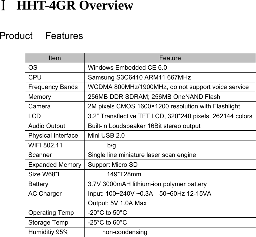 Ⅰ HHT-4GR Overview  Product Features Item  Feature OS  Windows Embedded CE 6.0 CPU  Samsung S3C6410 ARM11 667MHz   Frequency Bands  WCDMA 800MHz/1900MHz, do not support voice service Memory  256MB DDR SDRAM; 256MB OneNAND Flash Camera  2M pixels CMOS 1600×1200 resolution with Flashlight LCD  3.2” Transflective TFT LCD, 320*240 pixels, 262144 colors Audio Output  Built-in Loudspeaker 16Bit stereo output Physical Interface  Mini USB 2.0 WIFI 802.11 b/g Scanner  Single line miniature laser scan engine Expanded Memory  Support Micro SD Size W68*L 149*T28mm Battery  3.7V 3000mAH lithium-ion polymer battery AC Charger  Input: 100~240V ~0.3A    50~60Hz 12-15VA Output: 5V 1.0A Max Operating Temp  -20°C to 50°C Storage Temp      -25°C to 60°C Humiditiy 95% non-condensing 