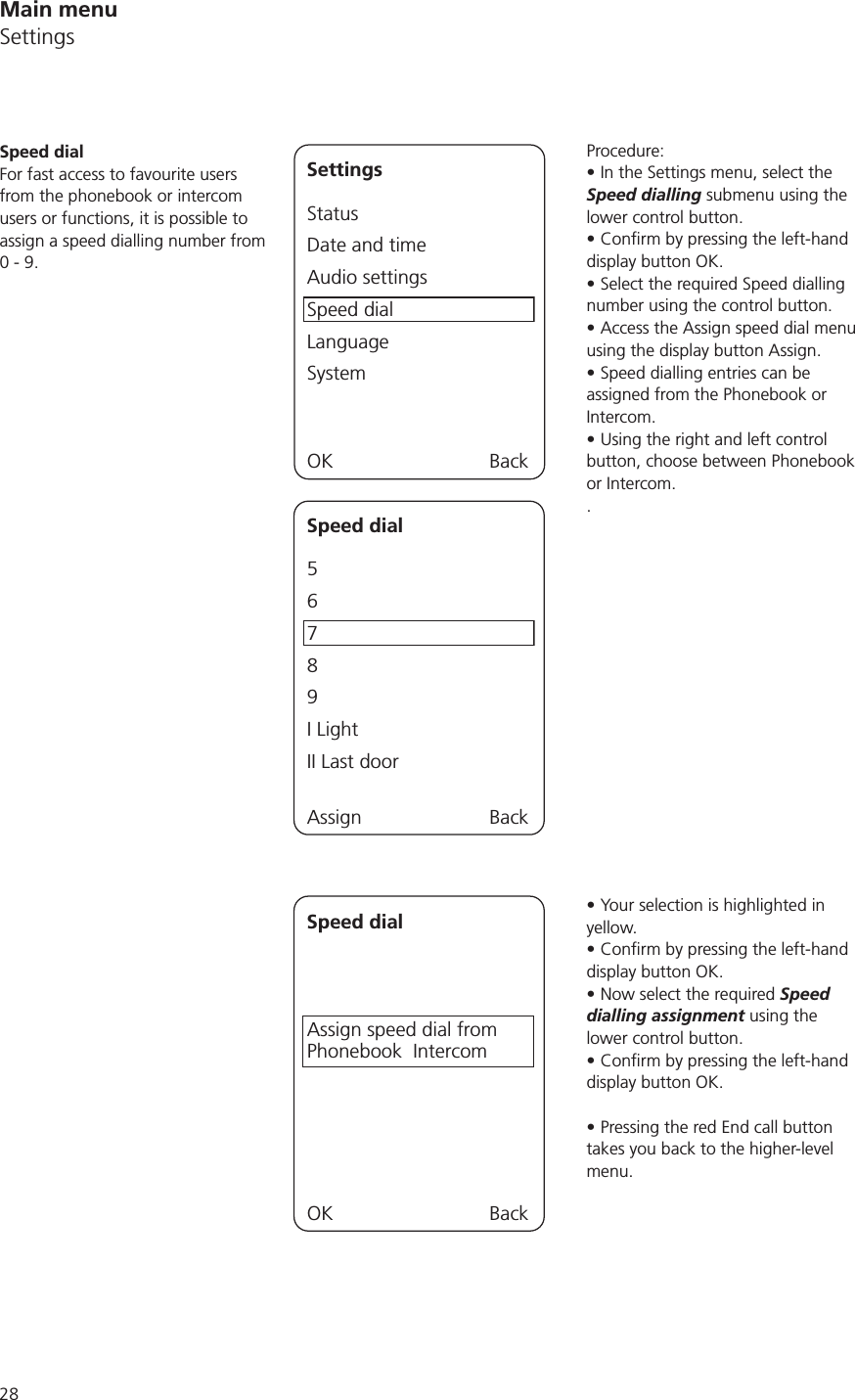 Main menuSettingsProcedure:In the Settings menu, select the Speed dialling submenu using the lower control button. display button OK.Select the required Speed dialling number using the control button.Access the Assign speed dial menu using the display button Assign.Speed dialling entries can be assigned from the Phonebook or Intercom.Using the right and left control button, choose between Phonebook or Intercom..Your selection is highlighted in yellow.display button OK.Now select the required Speed dialling assignment using the lower control button. display button OK.Pressing the red End call button takes you back to the higher-level menu.Speed dialFor fast access to favourite users from the phonebook or intercom users or functions, it is possible to assign a speed dialling number from 0 - 9. SettingsStatusDate and timeAudio settingsSpeed dialLanguageSystemOK BackSpeed dial5 79I LightII Last doorAssign BackSpeed dialAssign speed dial fromPhonebook  IntercomOK Back