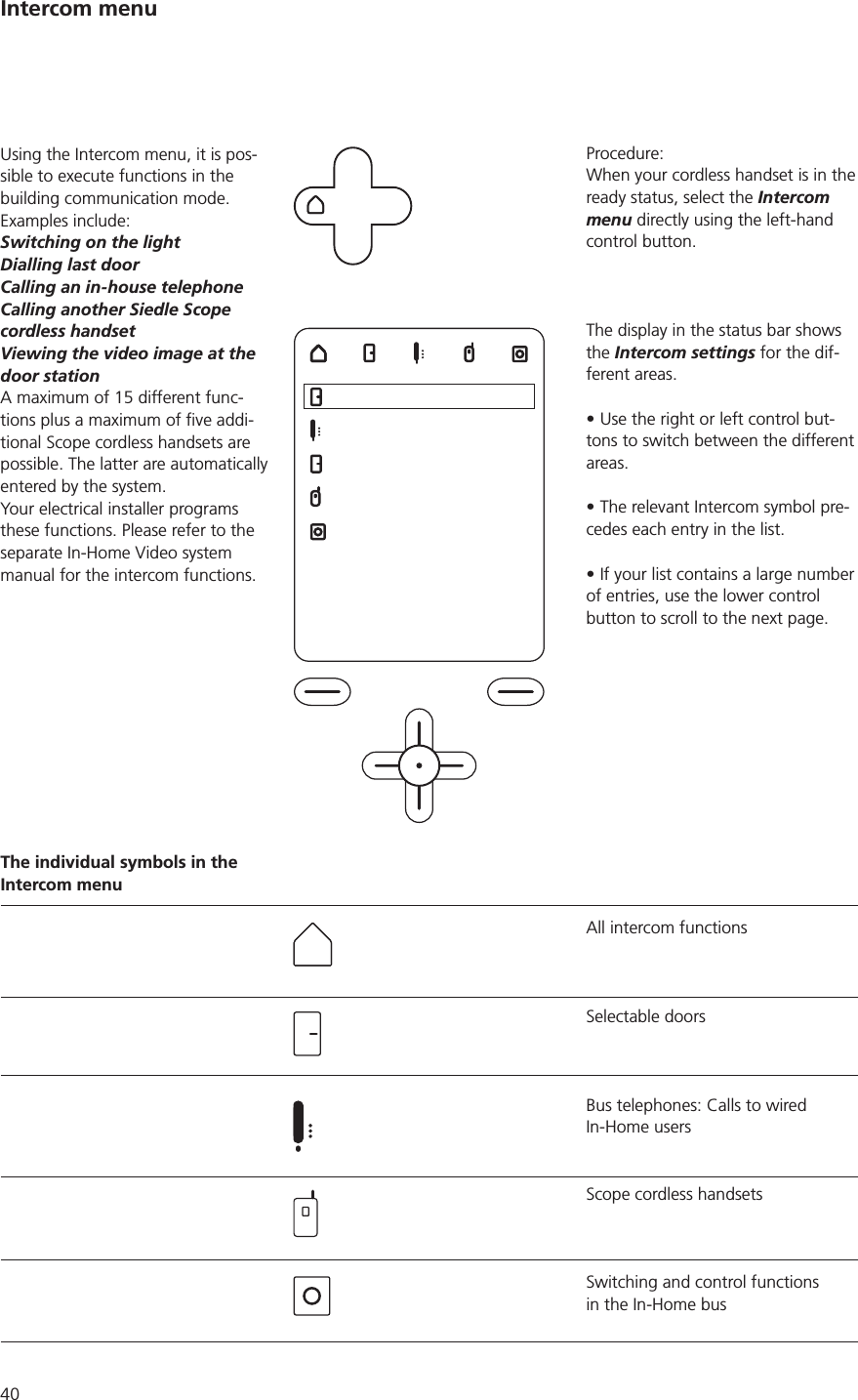 40Procedure:When your cordless handset is in the ready status, select the Intercom menu directly using the left-hand control button.The display in the status bar shows the Intercom settings for the dif-ferent areas.Use the right or left control but-tons to switch between the different areas.The relevant Intercom symbol pre-cedes each entry in the list.If your list contains a large number of entries, use the lower control button to scroll to the next page. All intercom functionsSelectable doorsBus telephones: Calls to wired In-Home usersScope cordless handsetsSwitching and control functions  in the In-Home busUsing the Intercom menu, it is pos-sible to execute functions in the building communication mode. Examples include:Switching on the lightDialling last doorCalling an in-house telephoneCalling another Siedle Scope cordless handsetViewing the video image at the door stationA maximum of 15 different func--tional Scope cordless handsets are possible. The latter are automatically entered by the system. Your electrical installer programs these functions. Please refer to the separate In-Home Video system manual for the intercom functions. The individual symbols in the Intercom menuIntercom menu