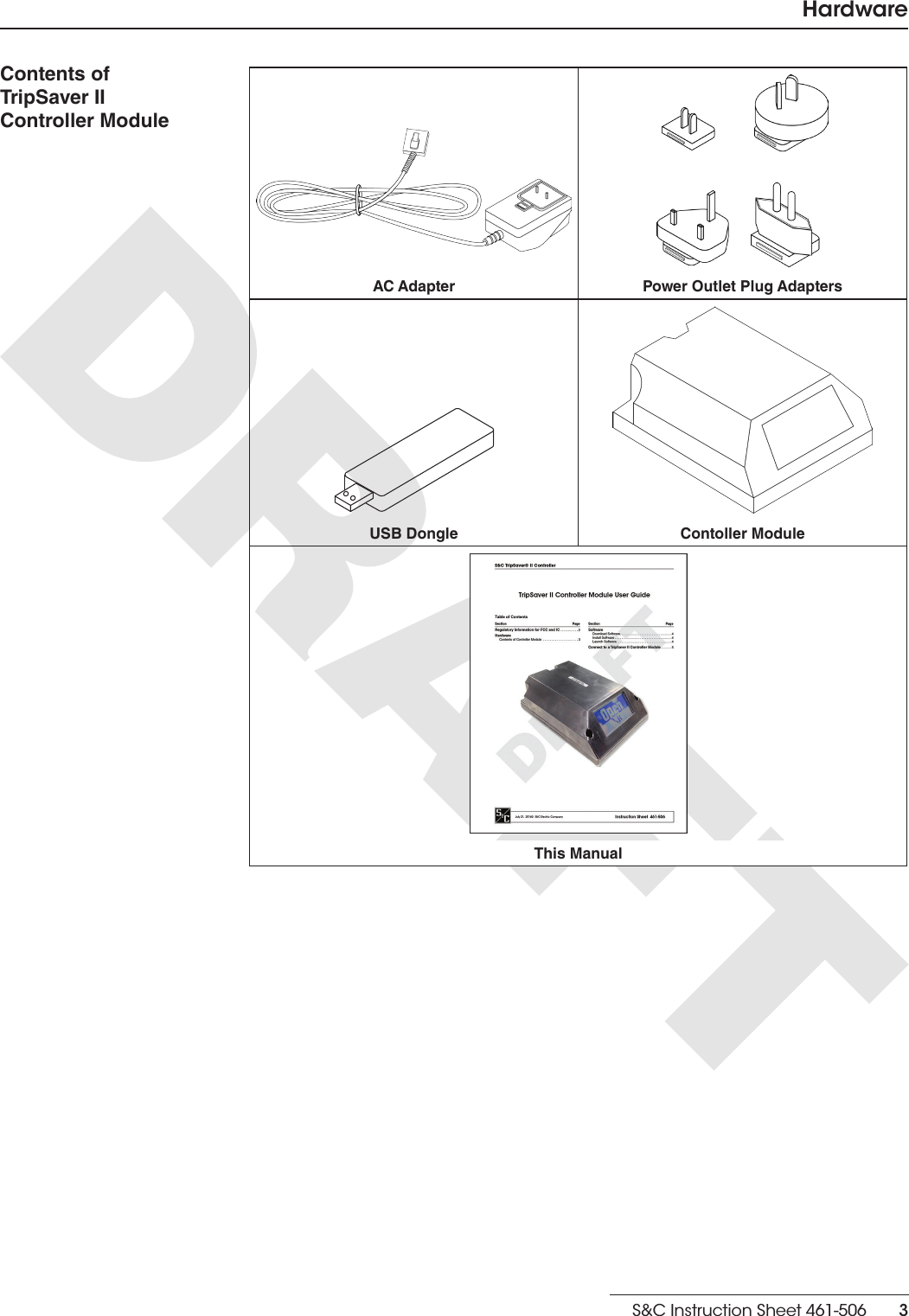 S&amp;C Instruction Sheet 461-506    3Contents of TripSaverII  Controller ModuleAC Adapter Power Outlet Plug AdaptersUSB Dongle Contoller ModuleThis ManualHardware