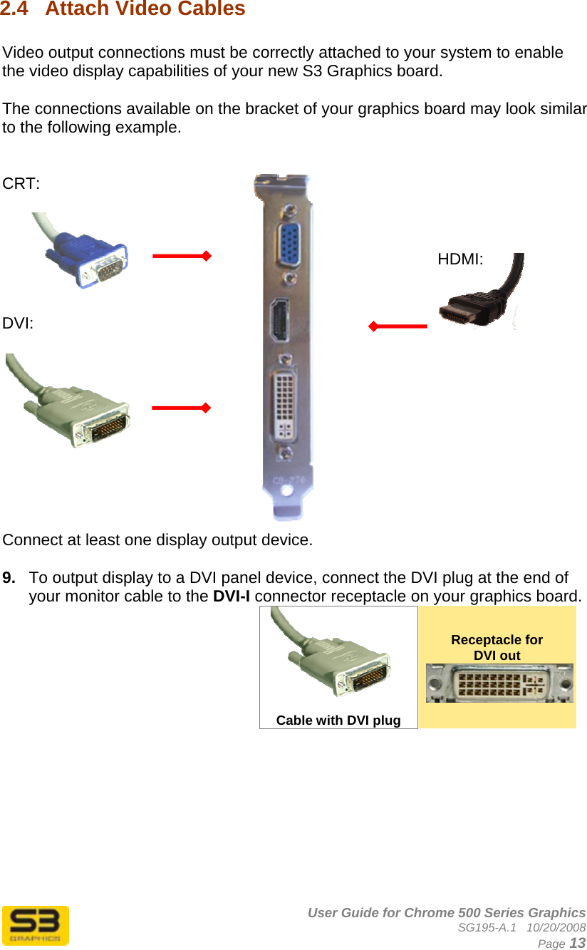      User Guide for Chrome 500 Series Graphics SG195-A.1   10/20/2008  Page 13 2.4  Attach Video Cables   Video output connections must be correctly attached to your system to enable the video display capabilities of your new S3 Graphics board.  The connections available on the bracket of your graphics board may look similar to the following example.    CRT:    DVI:         HDMI:   Connect at least one display output device.   9.  To output display to a DVI panel device, connect the DVI plug at the end of your monitor cable to the DVI-I connector receptacle on your graphics board.  Cable with DVI plug Receptacle for DVI out  