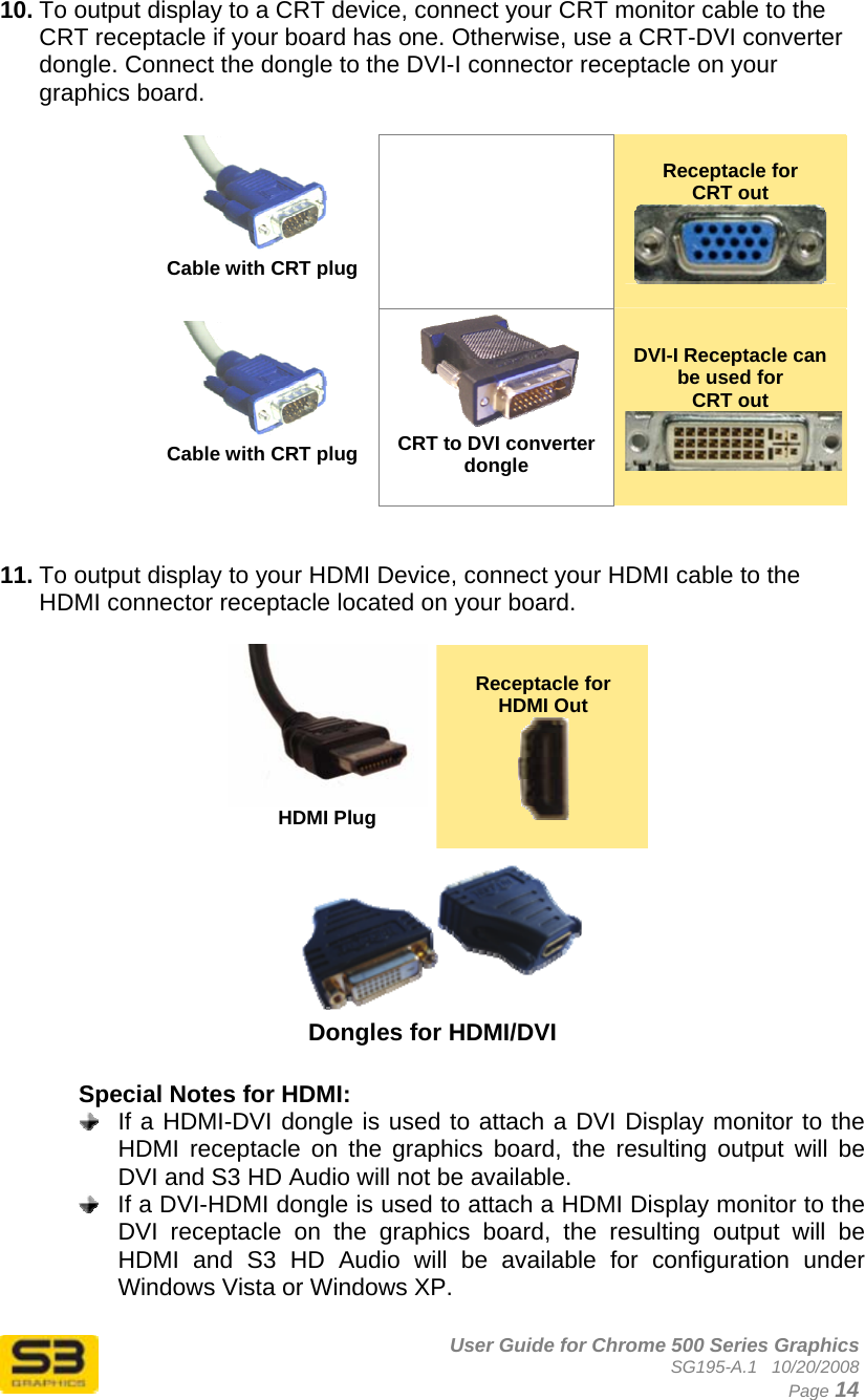      User Guide for Chrome 500 Series Graphics SG195-A.1   10/20/2008  Page 14 10. To output display to a CRT device, connect your CRT monitor cable to the CRT receptacle if your board has one. Otherwise, use a CRT-DVI converter dongle. Connect the dongle to the DVI-I connector receptacle on your graphics board.   Cable with CRT plug   Receptacle for CRT out   Cable with CRT plug CRT to DVI converter dongle  DVI-I Receptacle can be used for CRT out   11. To output display to your HDMI Device, connect your HDMI cable to the HDMI connector receptacle located on your board.  HDMI Plug  Receptacle for  HDMI Out   Dongles for HDMI/DVI  Special Notes for HDMI:    If a HDMI-DVI dongle is used to attach a DVI Display monitor to the HDMI receptacle on the graphics board, the resulting output will be DVI and S3 HD Audio will not be available.   If a DVI-HDMI dongle is used to attach a HDMI Display monitor to the DVI receptacle on the graphics board, the resulting output will be HDMI and S3 HD Audio will be available for configuration under Windows Vista or Windows XP. 