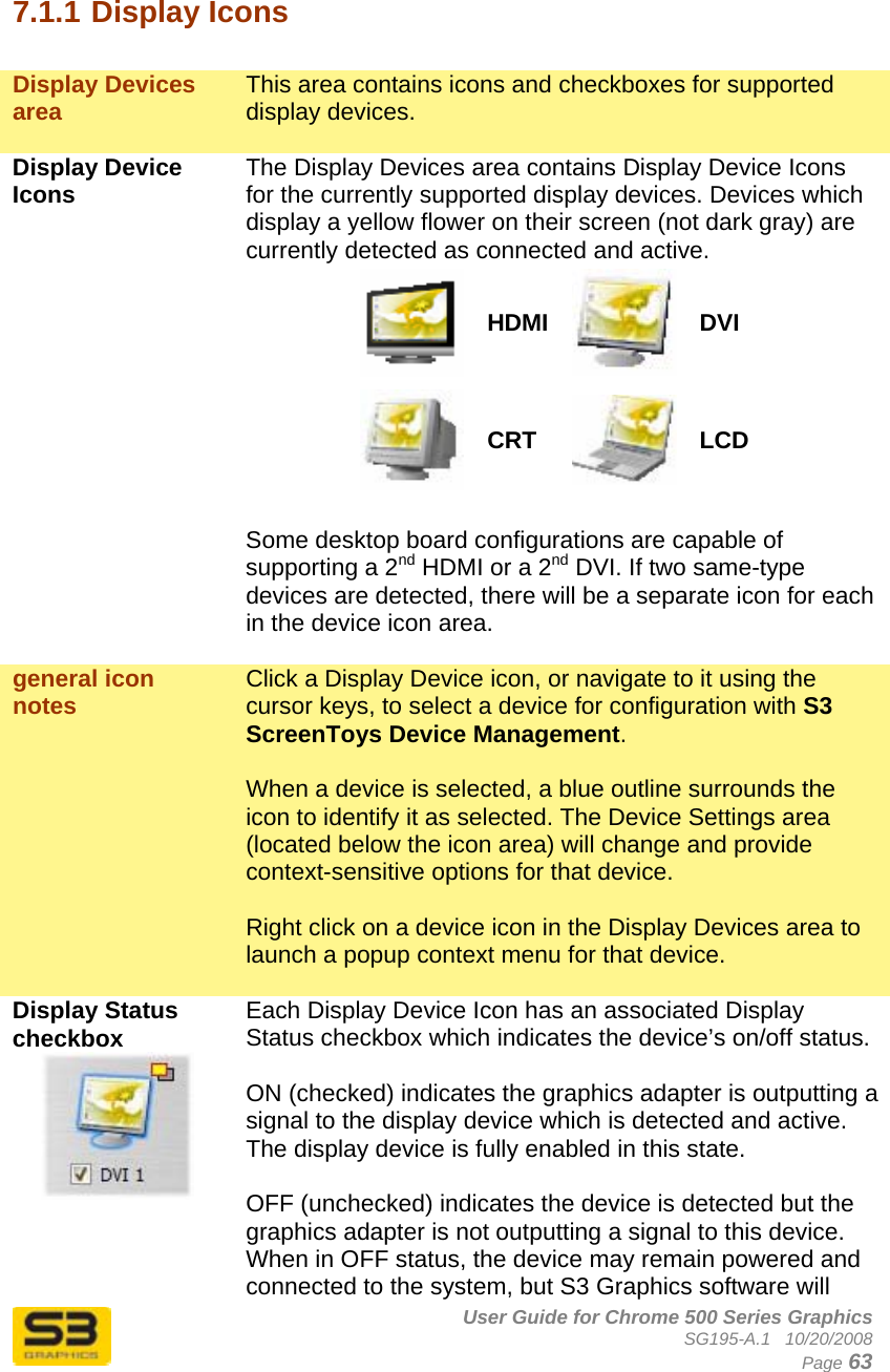      User Guide for Chrome 500 Series Graphics SG195-A.1   10/20/2008  Page 63  7.1.1 Display Icons  Display Devices area  This area contains icons and checkboxes for supported display devices.   Display Device Icons  The Display Devices area contains Display Device Icons for the currently supported display devices. Devices which display a yellow flower on their screen (not dark gray) are currently detected as connected and active. HDMI DVI CRT  LCD  Some desktop board configurations are capable of supporting a 2nd HDMI or a 2nd DVI. If two same-type devices are detected, there will be a separate icon for each in the device icon area.  general icon notes  Click a Display Device icon, or navigate to it using the cursor keys, to select a device for configuration with S3 ScreenToys Device Management.   When a device is selected, a blue outline surrounds the icon to identify it as selected. The Device Settings area (located below the icon area) will change and provide context-sensitive options for that device.  Right click on a device icon in the Display Devices area to launch a popup context menu for that device.  Display Status checkbox  Each Display Device Icon has an associated Display Status checkbox which indicates the device’s on/off status.  ON (checked) indicates the graphics adapter is outputting a signal to the display device which is detected and active. The display device is fully enabled in this state.  OFF (unchecked) indicates the device is detected but the graphics adapter is not outputting a signal to this device. When in OFF status, the device may remain powered and connected to the system, but S3 Graphics software will 