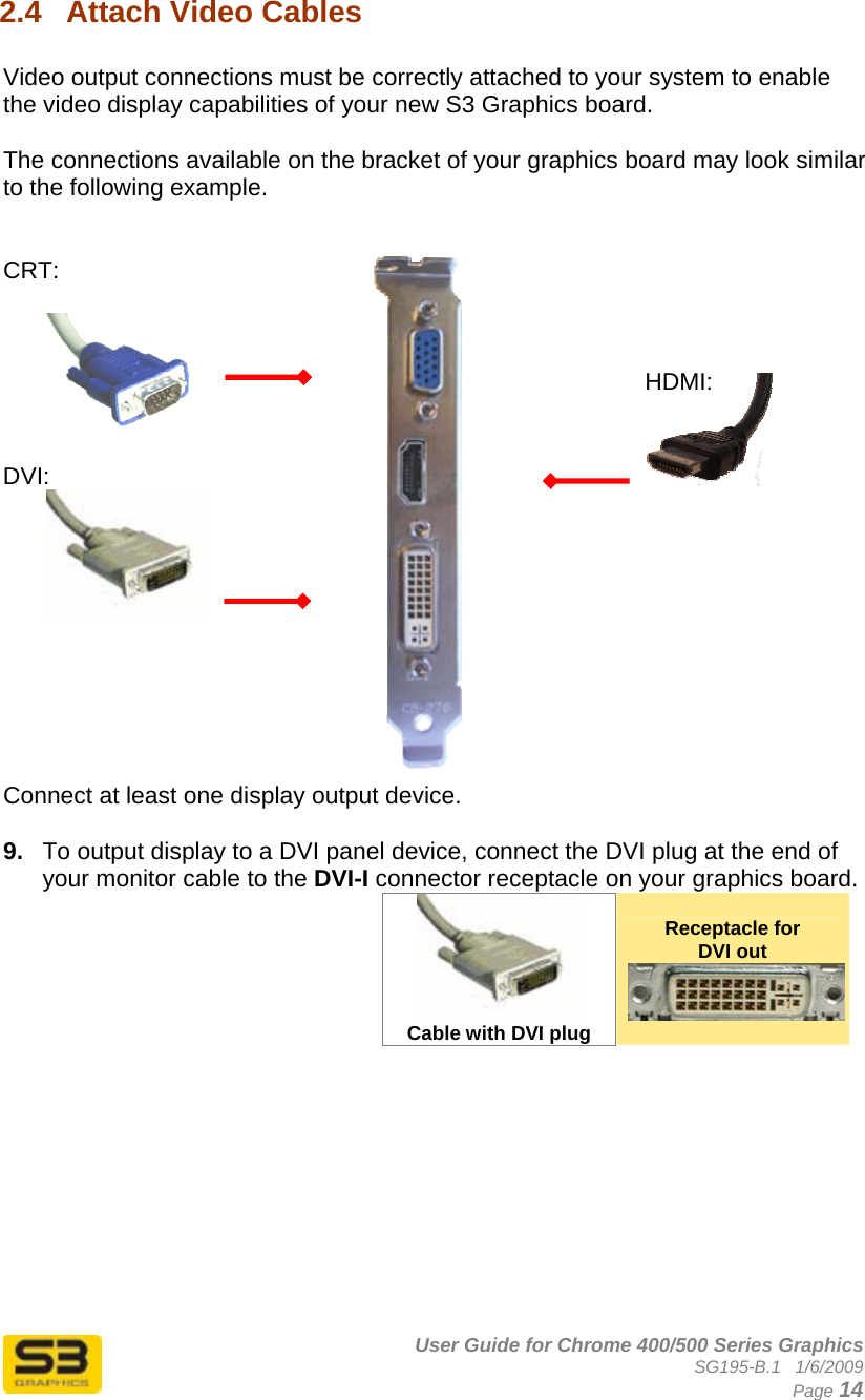      User Guide for Chrome 400/500 Series Graphics SG195-B.1   1/6/2009  Page 14 2.4  Attach Video Cables   Video output connections must be correctly attached to your system to enable the video display capabilities of your new S3 Graphics board.  The connections available on the bracket of your graphics board may look similar to the following example.    CRT:    DVI:        HDMI:   Connect at least one display output device.   9.  To output display to a DVI panel device, connect the DVI plug at the end of your monitor cable to the DVI-I connector receptacle on your graphics board.  Cable with DVI plug Receptacle for DVI out  