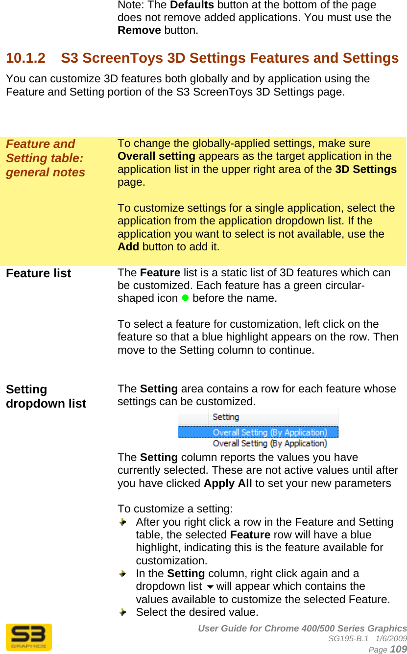      User Guide for Chrome 400/500 Series Graphics SG195-B.1   1/6/2009  Page 109 Note: The Defaults button at the bottom of the page does not remove added applications. You must use the Remove button.  10.1.2  S3 ScreenToys 3D Settings Features and Settings You can customize 3D features both globally and by application using the Feature and Setting portion of the S3 ScreenToys 3D Settings page.     Feature and Setting table: general notes To change the globally-applied settings, make sure Overall setting appears as the target application in the application list in the upper right area of the 3D Settings page.  To customize settings for a single application, select the application from the application dropdown list. If the application you want to select is not available, use the Add button to add it.  Feature list   The Feature list is a static list of 3D features which can be customized. Each feature has a green circular-shaped icon z before the name.  To select a feature for customization, left click on the feature so that a blue highlight appears on the row. Then move to the Setting column to continue.   Setting dropdown list   The Setting area contains a row for each feature whose settings can be customized.   The Setting column reports the values you have currently selected. These are not active values until after you have clicked Apply All to set your new parameters  To customize a setting:   After you right click a row in the Feature and Setting table, the selected Feature row will have a blue highlight, indicating this is the feature available for customization.   In the Setting column, right click again and a dropdown list will appear which contains the values available to customize the selected Feature.   Select the desired value. 