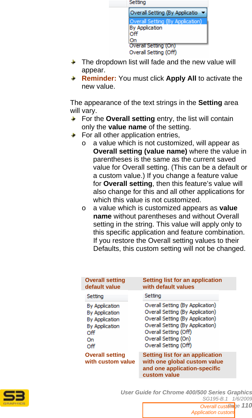      User Guide for Chrome 400/500 Series Graphics SG195-B.1   1/6/2009  Page 110    The dropdown list will fade and the new value will appear.   Reminder: You must click Apply All to activate the new value.  The appearance of the text strings in the Setting area will vary.  For the Overall setting entry, the list will contain only the value name of the setting.   For all other application entries,  o  a value which is not customized, will appear as Overall setting (value name) where the value in parentheses is the same as the current saved value for Overall setting. (This can be a default or a custom value.) If you change a feature value for Overall setting, then this feature’s value will also change for this and all other applications for which this value is not customized. o  a value which is customized appears as value name without parentheses and without Overall setting in the string. This value will apply only to this specific application and feature combination. If you restore the Overall setting values to their Defaults, this custom setting will not be changed.    Overall setting default value  Setting list for an application with default values   Overall setting with custom value  Setting list for an application with one global custom value and one application-specific custom value Overall custom Application custom 