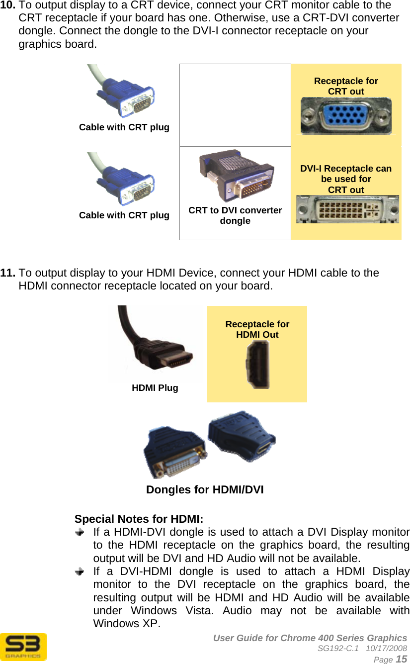      User Guide for Chrome 400 Series Graphics SG192-C.1   10/17/2008  Page 15 10. To output display to a CRT device, connect your CRT monitor cable to the CRT receptacle if your board has one. Otherwise, use a CRT-DVI converter dongle. Connect the dongle to the DVI-I connector receptacle on your graphics board.   Cable with CRT plug   Receptacle for CRT out   Cable with CRT plug CRT to DVI converter dongle  DVI-I Receptacle can be used for CRT out   11. To output display to your HDMI Device, connect your HDMI cable to the HDMI connector receptacle located on your board.  HDMI Plug  Receptacle for  HDMI Out   Dongles for HDMI/DVI  Special Notes for HDMI:    If a HDMI-DVI dongle is used to attach a DVI Display monitor to the HDMI receptacle on the graphics board, the resulting output will be DVI and HD Audio will not be available.   If a DVI-HDMI dongle is used to attach a HDMI Display monitor to the DVI receptacle on the graphics board, the resulting output will be HDMI and HD Audio will be available under Windows Vista. Audio may not be available with Windows XP. 