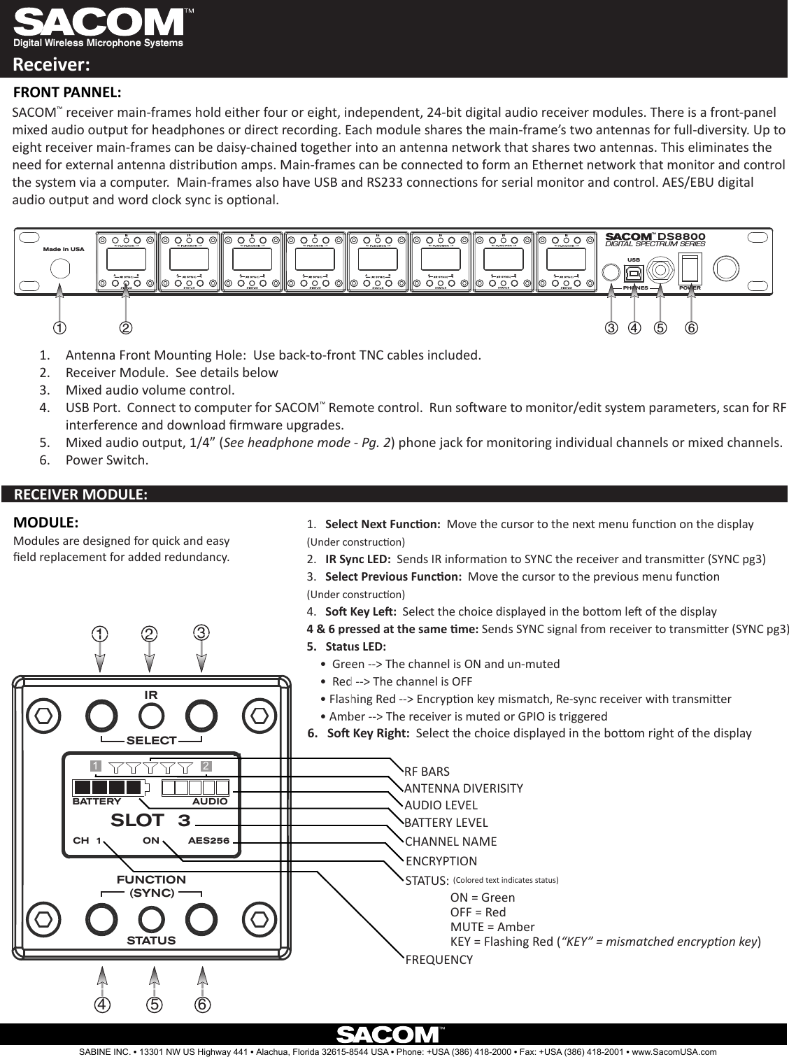 Digital Wireless Microphone SystemsReceiver:Made In USAPOWERDS8800DIGITAL SPECTRUM SERIESPHONESUSBTM124 5 63Antenna Front Mounng Hole:  Use back-to-front TNC cables included.1. Receiver Module.  See details below2. Mixed audio volume control.3. USB Port.  Connect to computer for SACOM4.  ™ Remote control.  Run soware to monitor/edit system parameters, scan for RF interference and download rmware upgrades. Mixed audio output, 1/4” (5.  See headphone mode - Pg. 2) phone jack for monitoring individual channels or mixed channels.Power Switch.6. SACOM™ receiver main-frames hold either four or eight, independent, 24-bit digital audio receiver modules. There is a front-panel mixed audio output for headphones or direct recording. Each module shares the main-frame’s two antennas for full-diversity. Up to eight receiver main-frames can be daisy-chained together into an antenna network that shares two antennas. This eliminates the need for external antenna distribuon amps. Main-frames can be connected to form an Ethernet network that monitor and control the system via a computer.  Main-frames also have USB and RS233 connecons for serial monitor and control. AES/EBU digital audio output and word clock sync is oponal.1.   Select Next Funcon:  Move the cursor to the next menu funcon on the display(Under construcon)2.   IR Sync LED:  Sends IR informaon to SYNC the receiver and transmier (SYNC pg3)3.   Select Previous Funcon:  Move the cursor to the previous menu funcon(Under construcon)4.   So Key Le:  Select the choice displayed in the boom le of the display4 &amp; 6 pressed at the same me: Sends SYNC signal from receiver to transmier (SYNC pg3)5.   Status LED:  Green --&gt; The channel is ON and un-muted  •   Red --&gt; The channel is OFF•  Flashing Red --&gt; Encrypon key mismatch, Re-sync receiver with transmier•  Amber --&gt; The receiver is muted or GPIO is triggered• Modules are designed for quick and easy eld replacement for added redundancy.1234 5 6STATUSSELECTFUNCTION(SYNC)IRRECEIVER MODULE:FRONT PANNEL:SABINE INC. l 13301 NW US Highway 441 l Alachua, Florida 32615-8544 USA l Phone: +USA (386) 418-2000 l Fax: +USA (386) 418-2001 l www.SacomUSA.com6.   So Key Right:  Select the choice displayed in the boom right of the displayBATTERY AUDIOSLOT  3CH  1 ON AES256RF BARSAUDIO LEVELBATTERY LEVELCHANNEL NAMEENCRYPTIONSTATUS:ON = GreenOFF = RedMUTE = AmberKEY = Flashing Red (“KEY” = mismatched encrypon key)MODULE:FREQUENCY12ANTENNA DIVERISITY(Colored text indicates status)