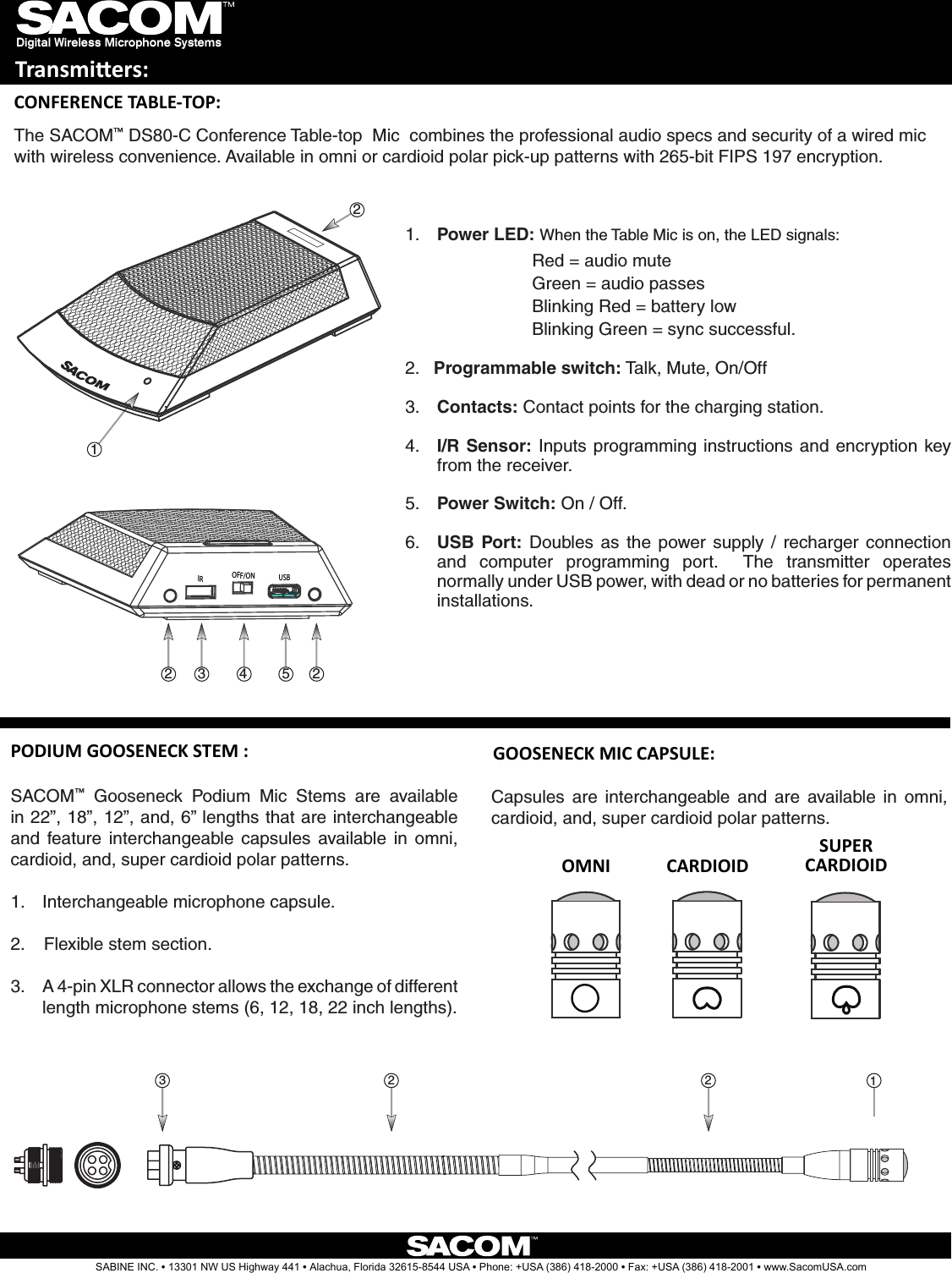 Digital Wireless Microphone SystemsTransmiers:OFF/ONIR USB5432121.  Power LED: When the Table Mic is on, the LED signals:      Red = audio mute       Green = audio passes       Blinking Red = battery low       Blinking Green = sync successful.2.   Programmable switch: Talk, Mute, On/Off3.  Contacts: Contact points for the charging station.4.  I/R Sensor:  Inputs programming instructions and encryption  key from the receiver.5.  Power Switch: On / Off.6.  USB  Port:  Doubles  as  the  power supply  /  recharger  connection and  computer  programming  port.    The  transmitter  operates normally under USB power, with dead or no batteries for permanent installations.The SACOM™ DS80-C Conference Table-top  Mic  combines the professional audio specs and security of a wired mic with wireless convenience. Available in omni or cardioid polar pick-up patterns with 265-bit FIPS 197 encryption.SACOM™  Gooseneck  Podium  Mic  Stems  are  available in 22”, 18”, 12”, and, 6” lengths that are interchangeable and  feature  interchangeable  capsules  available  in  omni, cardioid, and, super cardioid polar patterns.1.  Interchangeable microphone capsule.2.    Flexible stem section.3.  A 4-pin XLR connector allows the exchange of different length microphone stems (6, 12, 18, 22 inch lengths).2213CONFERENCE TABLE-TOP:PODIUM GOOSENECK STEM :SABINE INC. l 13301 NW US Highway 441 l Alachua, Florida 32615-8544 USA l Phone: +USA (386) 418-2000 l Fax: +USA (386) 418-2001 l www.SacomUSA.comCapsules  are  interchangeable  and  are  available  in  omni, cardioid, and, super cardioid polar patterns.GOOSENECK MIC CAPSULE:OMNI CARDIOIDSUPERCARDIOID  2