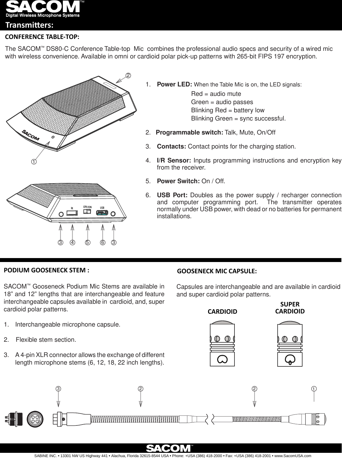Digital Wireless Microphone SystemsTransmiers:OFF/ONIR USB6543131.  Power LED: When the Table Mic is on, the LED signals:      Red = audio mute       Green = audio passes       Blinking Red = battery low       Blinking Green = sync successful.2.   Programmable switch: Talk, Mute, On/Off3.  Contacts: Contact points for the charging station.4.  I/R Sensor: Inputs programming instructions and encryption key from the receiver.5.  Power Switch: On / Off.6.  USB Port: Doubles as the power supply / recharger connection and  computer  programming  port.    The  transmitter  operates normally under USB power, with dead or no batteries for permanent installations.The SACOM™ DS80-C Conference Table-top  Mic  combines the professional audio specs and security of a wired mic with wireless convenience. Available in omni or cardioid polar pick-up patterns with 265-bit FIPS 197 encryption.SACOM™ Gooseneck Podium Mic Stems are available in 18” and 12” lengths that are interchangeable and feature interchangeable capsules available in  cardioid, and, super cardioid polar patterns.1.  Interchangeable microphone capsule.2.    Flexible stem section.3.  A 4-pin XLR connector allows the exchange of different length microphone stems (6, 12, 18, 22 inch lengths).2213CONFERENCE TABLE-TOP:PODIUM GOOSENECK STEM :SABINE INC. l 13301 NW US Highway 441 l Alachua, Florida 32615-8544 USA l Phone: +USA (386) 418-2000 l Fax: +USA (386) 418-2001 l www.SacomUSA.comCapsules are interchangeable and are available in cardioid and super cardioid polar patterns.GOOSENECK MIC CAPSULE:CARDIOIDSUPERCARDIOID2