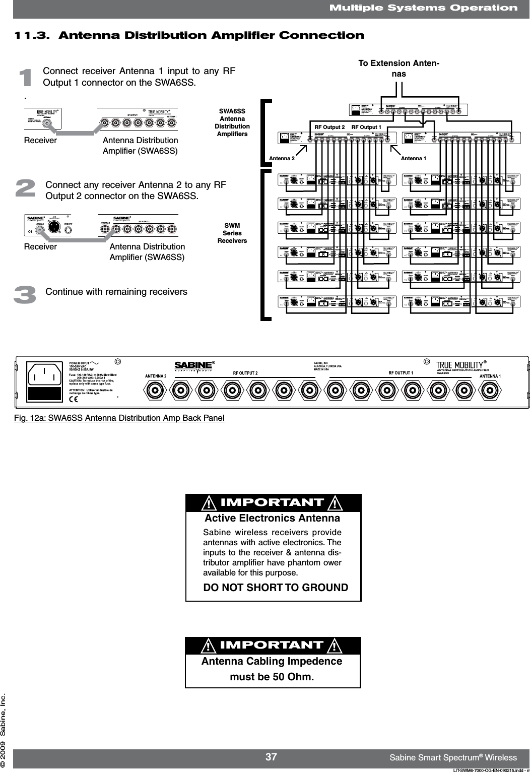 37 Sabine Smart Spectrum® WirelessLIT-SWM6-7000-OG-EN-090215.indd - rr© 2009  Sabine, Inc.11.3.  Antenna Distribution Ampliﬁer ConnectionMultiple Systems OperationFig. 12a: SWA6SS Antenna Distribution Amp Back PanelTo Extension Anten-nasAntenna 1RF Output 2 RF Output 1SWA6SSAntennaDistributionAmpliﬁersSWMSeriesReceiversAntenna 2132IMPORTANTAntenna Cabling Impedencemust be 50 Ohm.! !IMPORTANTActive Electronics Antenna Sabine wireless receivers provide antennas with active electronics. The inputs to the receiver &amp; antenna dis-tributor ampliﬁer have phantom ower available for this purpose.DO NOT SHORT TO GROUND! !  Connect receiver Antenna  1  input  to  any RF Output 1 connector on the SWA6SS..   Connect any receiver Antenna 2 to any RF Output 2 connector on the SWA6SS.  Continue with remaining receiversAntenna Distribution Ampliﬁer (SWA6SS)ReceiverAntenna Distribution Ampliﬁer (SWA6SS)Receiver