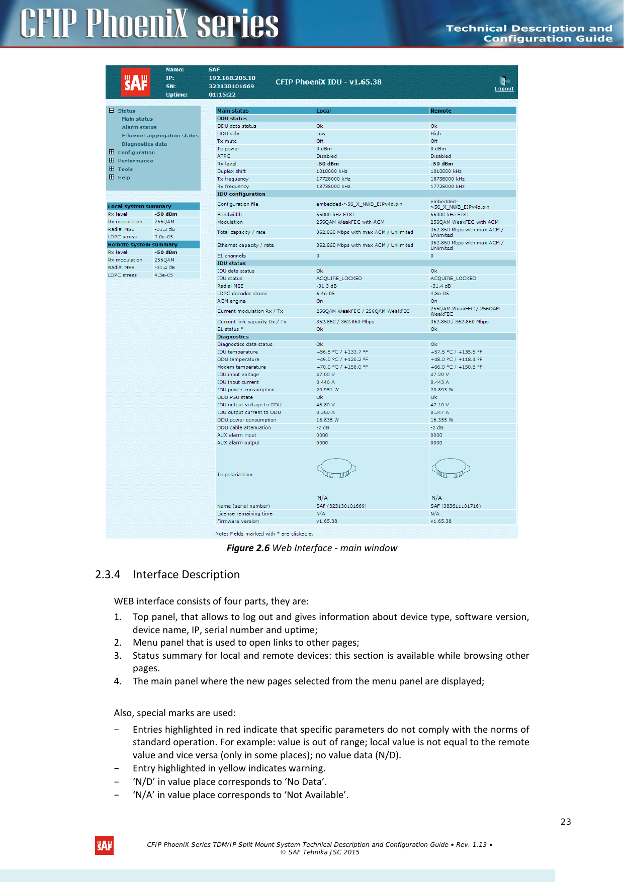     Figure 2.6 Web Interface - main window 2.3.4 Interface Description WEB interface consists of four parts, they are:  1. Top panel, that allows to log out and gives information about device type, software version, device name, IP, serial number and uptime; 2. Menu panel that is used to open links to other pages; 3. Status summary for local and remote devices: this section is available while browsing other pages. 4. The main panel where the new pages selected from the menu panel are displayed;  Also, special marks are used: – Entries highlighted in red indicate that specific parameters do not comply with the norms of standard operation. For example: value is out of range; local value is not equal to the remote value and vice versa (only in some places); no value data (N/D). – Entry highlighted in yellow indicates warning. – ‘N/D’ in value place corresponds to ‘No Data’. – ‘N/A’ in value place corresponds to ‘Not Available’.     CFIP PhoeniX Series TDM/IP Split Mount System Technical Description and Configuration Guide • Rev. 1.13 • © SAF Tehnika JSC 2015   23 