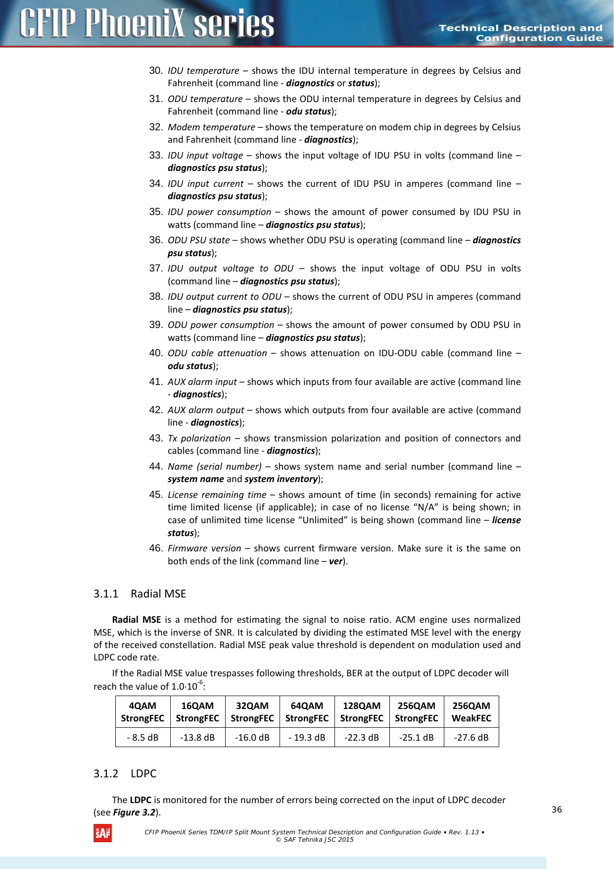    30. IDU  temperature  –  shows the IDU  internal temperature in degrees by Celsius and Fahrenheit (command line - diagnostics or status); 31. ODU temperature – shows the ODU internal temperature in degrees by Celsius and Fahrenheit (command line - odu status); 32. Modem temperature – shows the temperature on modem chip in degrees by Celsius and Fahrenheit (command line - diagnostics); 33. IDU input voltage –  shows the input voltage of IDU  PSU in volts (command line – diagnostics psu status); 34. IDU input current  –  shows the current of IDU  PSU in amperes (command line – diagnostics psu status); 35. IDU  power consumption –  shows the amount of power consumed  by  IDU  PSU in watts (command line – diagnostics psu status); 36. ODU PSU state – shows whether ODU PSU is operating (command line – diagnostics psu status); 37. IDU output voltage to ODU –  shows the input voltage of ODU PSU in volts (command line – diagnostics psu status); 38. IDU output current to ODU – shows the current of ODU PSU in amperes (command line – diagnostics psu status); 39. ODU power consumption – shows the amount of power consumed by ODU PSU in watts (command line – diagnostics psu status); 40. ODU cable attenuation  –  shows attenuation on IDU-ODU cable (command line – odu status); 41. AUX alarm input – shows which inputs from four available are active (command line - diagnostics); 42. AUX alarm output – shows which outputs from four available are active (command line - diagnostics); 43. Tx polarization – shows transmission polarization and position of connectors and cables (command line - diagnostics); 44. Name (serial number) –  shows system name and serial number (command line – system name and system inventory); 45. License remaining time –  shows amount of time (in seconds) remaining for active time limited license (if applicable); in case of no license “N/A” is being shown; in case of unlimited time license “Unlimited” is being shown (command line – license status); 46. Firmware version –  shows current firmware version. Make sure it is the same on both ends of the link (command line – ver). 3.1.1 Radial MSE Radial MSE is a method for estimating the signal to noise ratio. ACM engine uses normalized MSE, which is the inverse of SNR. It is calculated by dividing the estimated MSE level with the energy of the received constellation. Radial MSE peak value threshold is dependent on modulation used and LDPC code rate.  If the Radial MSE value trespasses following thresholds, BER at the output of LDPC decoder will reach the value of 1.0⋅10-6: 4QAM StrongFEC 16QAM StrongFEC 32QAM StrongFEC 64QAM StrongFEC 128QAM StrongFEC 256QAM StrongFEC 256QAM WeakFEC - 8.5 dB  -13.8 dB  -16.0 dB  - 19.3 dB  -22.3 dB  -25.1 dB  -27.6 dB 3.1.2 LDPC The LDPC is monitored for the number of errors being corrected on the input of LDPC decoder (see Figure 3.2).    CFIP PhoeniX Series TDM/IP Split Mount System Technical Description and Configuration Guide • Rev. 1.13 • © SAF Tehnika JSC 2015   36 