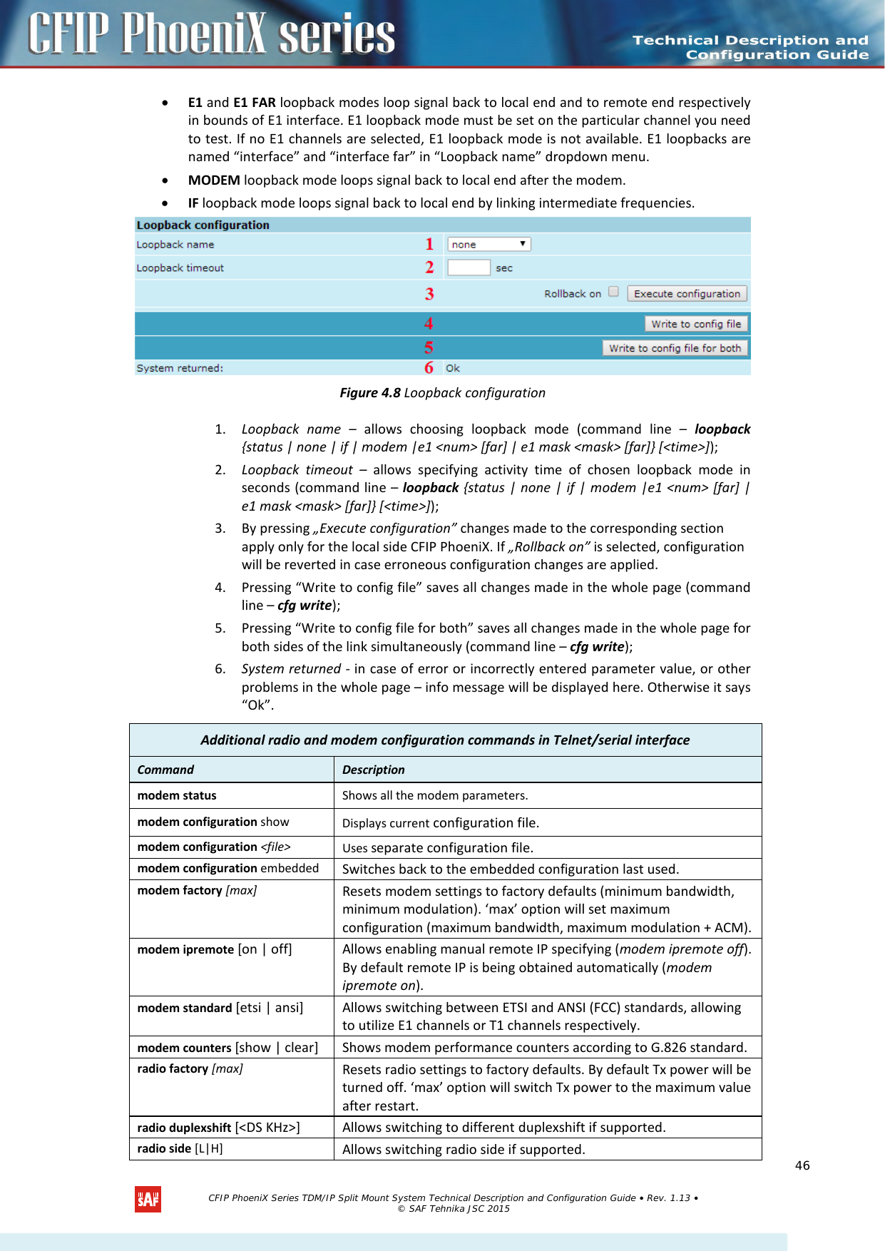    • E1 and E1 FAR loopback modes loop signal back to local end and to remote end respectively in bounds of E1 interface. E1 loopback mode must be set on the particular channel you need to test. If no E1 channels are selected, E1 loopback mode is not available. E1 loopbacks are named “interface” and “interface far” in “Loopback name” dropdown menu. • MODEM loopback mode loops signal back to local end after the modem. • IF loopback mode loops signal back to local end by linking intermediate frequencies.  Figure 4.8 Loopback configuration 1. Loopback  name – allows choosing loopback mode  (command line –  loopback {status | none | if | modem |e1 &lt;num&gt; [far] | e1 mask &lt;mask&gt; [far]} [&lt;time&gt;]); 2. Loopback timeout – allows specifying activity time of chosen loopback mode in seconds (command line – loopback {status | none | if | modem |e1 &lt;num&gt; [far] | e1 mask &lt;mask&gt; [far]} [&lt;time&gt;]); 3. By pressing „Execute configuration” changes made to the corresponding section apply only for the local side CFIP PhoeniX. If „Rollback on” is selected, configuration will be reverted in case erroneous configuration changes are applied. 4. Pressing “Write to config file” saves all changes made in the whole page (command line – cfg write); 5. Pressing “Write to config file for both” saves all changes made in the whole page for both sides of the link simultaneously (command line – cfg write); 6. System returned - in case of error or incorrectly entered parameter value, or other problems in the whole page – info message will be displayed here. Otherwise it says “Ok”. Additional radio and modem configuration commands in Telnet/serial interface Command  Description  modem status Shows all the modem parameters. modem configuration show Displays current configuration file. modem configuration &lt;file&gt; Uses separate configuration file. modem configuration embedded Switches back to the embedded configuration last used. modem factory [max] Resets modem settings to factory defaults (minimum bandwidth, minimum modulation). ‘max’ option will set maximum configuration (maximum bandwidth, maximum modulation + ACM). modem ipremote [on | off] Allows enabling manual remote IP specifying (modem ipremote off). By default remote IP is being obtained automatically (modem ipremote on). modem standard [etsi | ansi] Allows switching between ETSI and ANSI (FCC) standards, allowing to utilize E1 channels or T1 channels respectively. modem counters [show | clear] Shows modem performance counters according to G.826 standard. radio factory [max] Resets radio settings to factory defaults. By default Tx power will be turned off. ‘max’ option will switch Tx power to the maximum value after restart. radio duplexshift [&lt;DS KHz&gt;] Allows switching to different duplexshift if supported. radio side [L|H] Allows switching radio side if supported.   CFIP PhoeniX Series TDM/IP Split Mount System Technical Description and Configuration Guide • Rev. 1.13 • © SAF Tehnika JSC 2015   46 