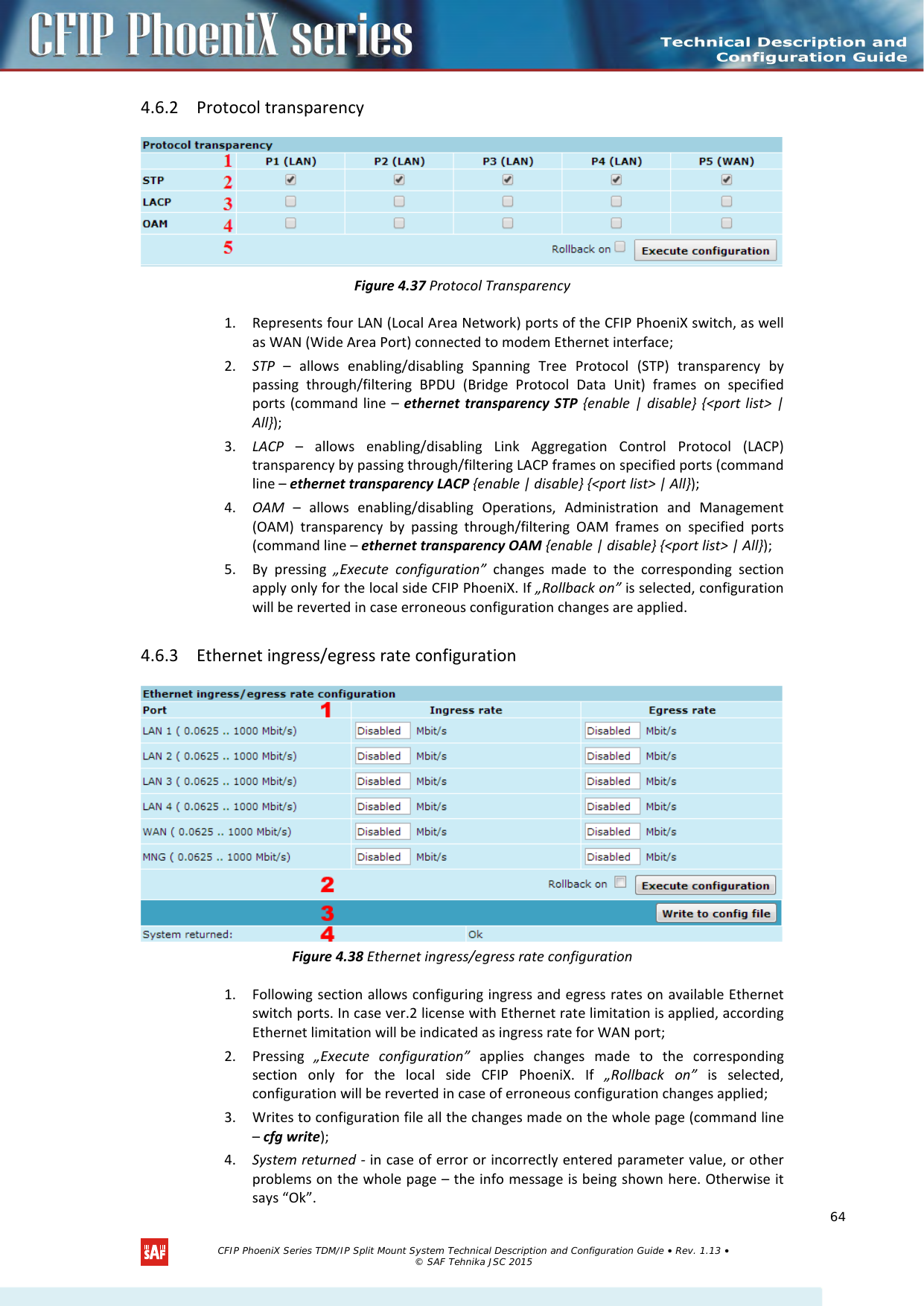    4.6.2 Protocol transparency  Figure 4.37 Protocol Transparency 1. Represents four LAN (Local Area Network) ports of the CFIP PhoeniX switch, as well as WAN (Wide Area Port) connected to modem Ethernet interface; 2. STP – allows enabling/disabling Spanning Tree Protocol (STP) transparency by passing through/filtering BPDU (Bridge Protocol Data Unit) frames on specified ports (command line –  ethernet transparency STP {enable | disable} {&lt;port list&gt; | All}); 3. LACP – allows enabling/disabling Link Aggregation Control Protocol (LACP) transparency by passing through/filtering LACP frames on specified ports (command line – ethernet transparency LACP {enable | disable} {&lt;port list&gt; | All}); 4. OAM – allows enabling/disabling Operations, Administration and Management (OAM) transparency by passing through/filtering OAM frames on specified ports (command line – ethernet transparency OAM {enable | disable} {&lt;port list&gt; | All}); 5. By pressing „Execute configuration” changes made to the corresponding section apply only for the local side CFIP PhoeniX. If „Rollback on” is selected, configuration will be reverted in case erroneous configuration changes are applied. 4.6.3 Ethernet ingress/egress rate configuration  Figure 4.38 Ethernet ingress/egress rate configuration 1. Following section allows configuring ingress and egress rates on available Ethernet switch ports. In case ver.2 license with Ethernet rate limitation is applied, according Ethernet limitation will be indicated as ingress rate for WAN port; 2. Pressing  „Execute configuration” applies changes made to the corresponding section only for the local side CFIP PhoeniX. If  „Rollback on” is selected, configuration will be reverted in case of erroneous configuration changes applied; 3. Writes to configuration file all the changes made on the whole page (command line – cfg write); 4. System returned - in case of error or incorrectly entered parameter value, or other problems on the whole page – the info message is being shown here. Otherwise it says “Ok”.   CFIP PhoeniX Series TDM/IP Split Mount System Technical Description and Configuration Guide • Rev. 1.13 • © SAF Tehnika JSC 2015   64 