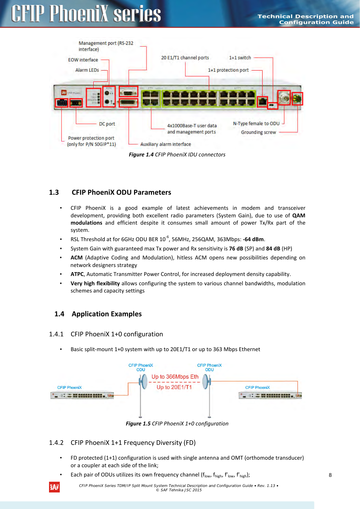   Figure 1.4 CFIP PhoeniX IDU connectors  1.3 CFIP PhoeniX ODU Parameters  • CFIP PhoeniX is a good example of latest achievements in modem and transceiver development, providing both excellent radio parameters (System Gain), due to use of QAM modulations and efficient despite it consumes small amount of power Tx/Rx part of the system. • RSL Threshold at for 6GHz ODU BER 10-6, 56MHz, 256QAM, 363Mbps: -64 dBm.  • System Gain with guaranteed max Tx power and Rx sensitivity is 76 dB (SP) and 84 dB (HP) • ACM (Adaptive Coding and Modulation), hitless ACM opens new possibilities depending on network designers strategy • ATPC, Automatic Transmitter Power Control, for increased deployment density capability. • Very high flexibility allows configuring the system to various channel bandwidths, modulation schemes and capacity settings 1.4 Application Examples 1.4.1 CFIP PhoeniX 1+0 configuration • Basic split-mount 1+0 system with up to 20E1/T1 or up to 363 Mbps Ethernet   Figure 1.5 CFIP PhoeniX 1+0 configuration 1.4.2 CFIP PhoeniX 1+1 Frequency Diversity (FD) • FD protected (1+1) configuration is used with single antenna and OMT (orthomode transducer) or a coupler at each side of the link; • Each pair of ODUs utilizes its own frequency channel (flow, fhigh, f′low, f′high);  CFIP PhoeniX Series TDM/IP Split Mount System Technical Description and Configuration Guide • Rev. 1.13 • © SAF Tehnika JSC 2015  8 
