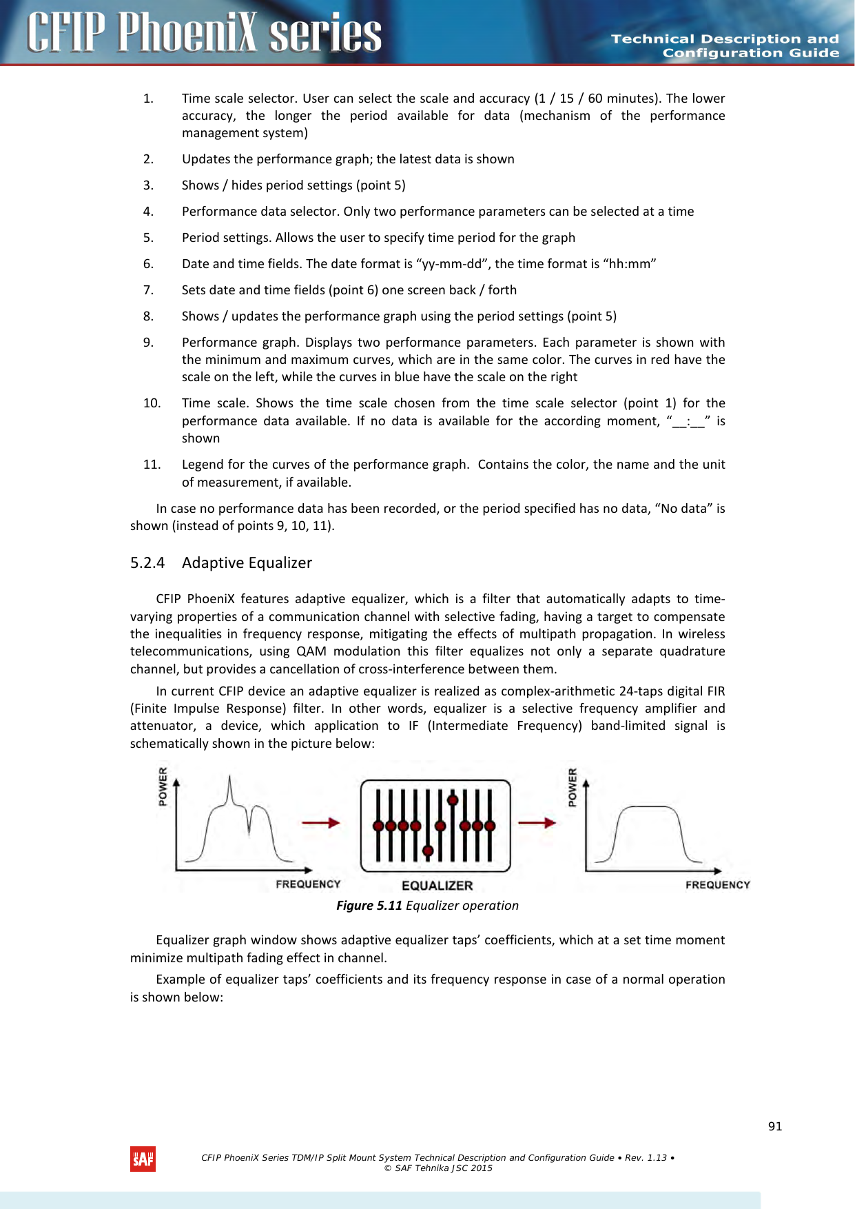    1. Time scale selector. User can select the scale and accuracy (1 / 15 / 60 minutes). The lower accuracy, the longer the period available for data (mechanism of the performance management system) 2. Updates the performance graph; the latest data is shown 3. Shows / hides period settings (point 5) 4. Performance data selector. Only two performance parameters can be selected at a time 5. Period settings. Allows the user to specify time period for the graph 6. Date and time fields. The date format is “yy-mm-dd”, the time format is “hh:mm” 7. Sets date and time fields (point 6) one screen back / forth 8. Shows / updates the performance graph using the period settings (point 5) 9. Performance graph. Displays two performance parameters. Each parameter is shown with the minimum and maximum curves, which are in the same color. The curves in red have the scale on the left, while the curves in blue have the scale on the right 10. Time scale. Shows the time scale chosen from the time scale selector (point 1) for the performance data available. If no data is available for the according moment, “__:__” is shown 11. Legend for the curves of the performance graph.  Contains the color, the name and the unit of measurement, if available. In case no performance data has been recorded, or the period specified has no data, “No data” is shown (instead of points 9, 10, 11). 5.2.4 Adaptive Equalizer CFIP  PhoeniX features adaptive equalizer, which is a filter that automatically adapts to time-varying properties of a communication channel with selective fading, having a target to compensate the inequalities in frequency response, mitigating the effects of multipath propagation. In wireless telecommunications, using QAM modulation this filter equalizes not only a separate quadrature channel, but provides a cancellation of cross-interference between them. In current CFIP device an adaptive equalizer is realized as complex-arithmetic 24-taps digital FIR (Finite Impulse Response) filter. In other words, equalizer is a selective frequency amplifier and attenuator, a device, which application to IF (Intermediate Frequency) band-limited signal is schematically shown in the picture below:  Figure 5.11 Equalizer operation Equalizer graph window shows adaptive equalizer taps’ coefficients, which at a set time moment minimize multipath fading effect in channel. Example of equalizer taps’ coefficients and its frequency response in case of a normal operation is shown below:    CFIP PhoeniX Series TDM/IP Split Mount System Technical Description and Configuration Guide • Rev. 1.13 • © SAF Tehnika JSC 2015   91 