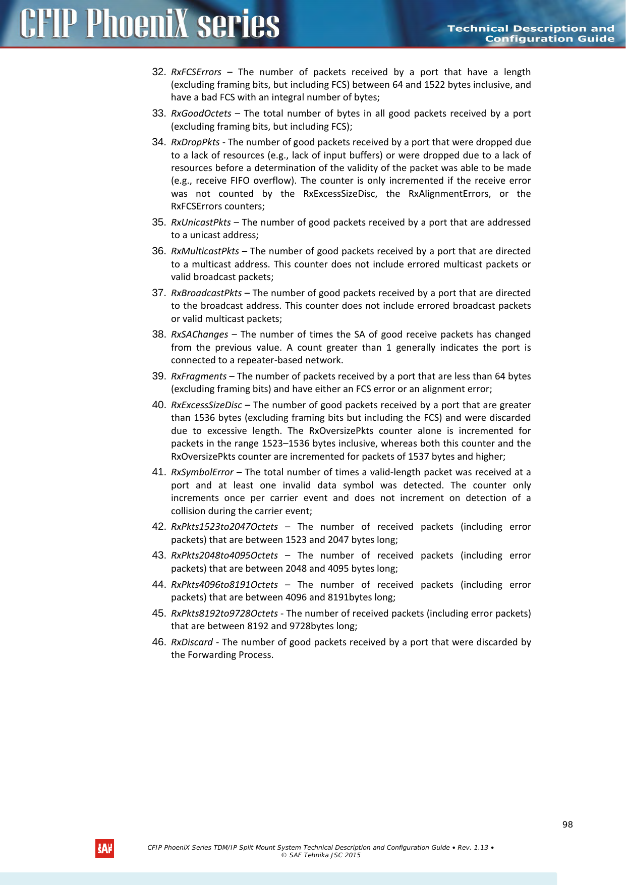    32. RxFCSErrors – The number of packets received by a port that have a length (excluding framing bits, but including FCS) between 64 and 1522 bytes inclusive, and have a bad FCS with an integral number of bytes; 33. RxGoodOctets  –  The total number of bytes in all good packets received by a port (excluding framing bits, but including FCS); 34. RxDropPkts - The number of good packets received by a port that were dropped due to a lack of resources (e.g., lack of input buffers) or were dropped due to a lack of resources before a determination of the validity of the packet was able to be made (e.g., receive FIFO overflow). The counter is only incremented if the receive error was not counted by the RxExcessSizeDisc, the RxAlignmentErrors, or the RxFCSErrors counters; 35. RxUnicastPkts – The number of good packets received by a port that are addressed to a unicast address; 36. RxMulticastPkts – The number of good packets received by a port that are directed to a multicast address. This counter does not include errored multicast packets or valid broadcast packets; 37. RxBroadcastPkts – The number of good packets received by a port that are directed to the broadcast address. This counter does not include errored broadcast packets or valid multicast packets; 38. RxSAChanges – The number of times the SA of good receive packets has changed from the previous value. A count greater than 1 generally indicates the port is connected to a repeater-based network. 39. RxFragments – The number of packets received by a port that are less than 64 bytes (excluding framing bits) and have either an FCS error or an alignment error; 40. RxExcessSizeDisc – The number of good packets received by a port that are greater than 1536 bytes (excluding framing bits but including the FCS) and were discarded due to excessive length. The RxOversizePkts counter alone is incremented for packets in the range 1523–1536 bytes inclusive, whereas both this counter and the RxOversizePkts counter are incremented for packets of 1537 bytes and higher; 41. RxSymbolError – The total number of times a valid-length packet was received at a port and at least one invalid data symbol was detected. The counter only increments once per carrier event and does not increment on detection of a collision during the carrier event; 42. RxPkts1523to2047Octets  –  The number of received  packets (including error packets) that are between 1523 and 2047 bytes long; 43. RxPkts2048to4095Octets  –  The number of received  packets (including error packets) that are between 2048 and 4095 bytes long; 44. RxPkts4096to8191Octets  –  The number of received  packets (including error packets) that are between 4096 and 8191bytes long; 45. RxPkts8192to9728Octets - The number of received packets (including error packets) that are between 8192 and 9728bytes long; 46. RxDiscard - The number of good packets received by a port that were discarded by the Forwarding Process.    CFIP PhoeniX Series TDM/IP Split Mount System Technical Description and Configuration Guide • Rev. 1.13 • © SAF Tehnika JSC 2015   98 