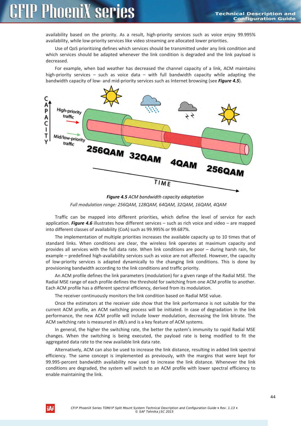    availability based on the priority. As a result, high-priority services such as voice enjoy 99.995% availability, while low-priority services like video streaming are allocated lower priorities. Use of QoS prioritizing defines which services should be transmitted under any link condition and which services should be adapted whenever the link condition is degraded and the link payload is decreased. For example, when bad weather has decreased the channel capacity of a link, ACM maintains high-priority services –  such as voice data –  with full bandwidth capacity while adapting the bandwidth capacity of low- and mid-priority services such as Internet browsing (see Figure 4.5).   Figure 4.5 ACM bandwidth capacity adaptation Full modulation range: 256QAM, 128QAM, 64QAM, 32QAM, 16QAM, 4QAM Traffic can be mapped into different priorities, which define the level of service for each application. Figure 4.6 illustrates how different services – such as rich voice and video – are mapped into different classes of availability (CoA) such as 99.995% or 99.687%. The implementation of multiple priorities increases the available capacity up to 10 times that of standard links. When conditions are clear, the wireless link operates at maximum capacity and provides all services with the full data rate. When link conditions are poor –  during harsh rain, for example – predefined high-availability services such as voice are not affected. However, the capacity of low-priority services is adapted dynamically to the changing link conditions. This is done by provisioning bandwidth according to the link conditions and traffic priority. An ACM profile defines the link parameters (modulation) for a given range of the Radial MSE. The Radial MSE range of each profile defines the threshold for switching from one ACM profile to another. Each ACM profile has a different spectral efficiency, derived from its modulation. The receiver continuously monitors the link condition based on Radial MSE value.  Once the estimators at the receiver side show that the link performance is not suitable for the current ACM profile, an ACM switching process will be initiated. In case of degradation in the link performance, the new ACM profile will include lower modulation, decreasing the link bitrate. The ACM switching rate is measured in dB/s and is a key feature of ACM systems. In general, the higher the switching rate, the better the system’s immunity to rapid Radial MSE changes. When the switching is being executed, the payload rate is being modified to fit the aggregated data rate to the new available link data rate. Alternatively, ACM can also be used to increase the link distance, resulting in added link spectral efficiency. The same concept is implemented as previously, with the margins that were kept for 99.995-percent bandwidth availability now used to increase the link distance. Whenever the link conditions are degraded, the system will switch to an ACM profile with lower spectral efficiency to enable maintaining the link.    CFIP PhoeniX Series TDM/IP Split Mount System Technical Description and Configuration Guide • Rev. 1.13 • © SAF Tehnika JSC 2015   44 