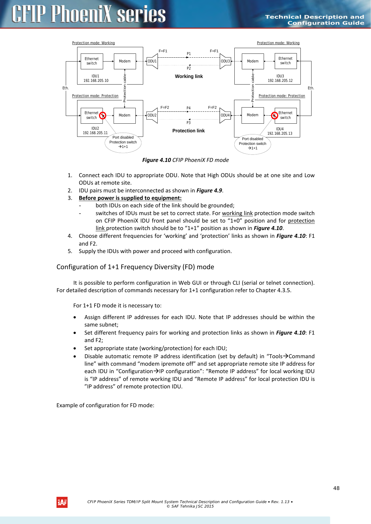    EthernetswitchModemIDU4192.168.205.13ODU3ODU4ODU1ODU2IDU1 192.168.205.10Ethernetswitch Modem ModemIDU3192.168.205.12IDU2192.168.205.11Ethernetswitch ModemProtection mode: WorkingProtection mode: ProtectionProtection mode: WorkingProtection mode: ProtectionP1P4P3P2Protection cableProtection cableEth.Port disabledProtection switch1+1F=F1 F=F1F=F2F=F2Working linkProtection linkEth.EthernetswitchPort disabledProtection switch1+1Figure 4.10 CFIP PhoeniX FD mode 1. Connect each IDU to appropriate ODU. Note that High ODUs should be at one site and Low ODUs at remote site. 2. IDU pairs must be interconnected as shown in Figure 4.9.  3. Before power is supplied to equipment:  - both IDUs on each side of the link should be grounded; - switches of IDUs must be set to correct state. For working link protection mode switch on  CFIP PhoeniX IDU front panel should be set to “1+0” position and for protection link protection switch should be to “1+1” position as shown in Figure 4.10.  4. Choose different frequencies for ‘working’ and ‘protection’ links as shown in Figure 4.10: F1 and F2. 5. Supply the IDUs with power and proceed with configuration. Configuration of 1+1 Frequency Diversity (FD) mode  It is possible to perform configuration in Web GUI or through CLI (serial or telnet connection). For detailed description of commands necessary for 1+1 configuration refer to Chapter 4.3.5.  For 1+1 FD mode it is necessary to: • Assign different IP addresses for each IDU. Note that IP addresses should be within the same subnet; • Set different frequency pairs for working and protection links as shown in Figure 4.10: F1 and F2; • Set appropriate state (working/protection) for each IDU; • Disable automatic remote IP address identification (set by default) in “ToolsCommand line” with command “modem ipremote off” and set appropriate remote site IP address for each IDU in “ConfigurationIP configuration”: “Remote IP address” for local working IDU is “IP address” of remote working IDU and “Remote IP address” for local protection IDU is ”IP address” of remote protection IDU.  Example of configuration for FD mode:   CFIP PhoeniX Series TDM/IP Split Mount System Technical Description and Configuration Guide • Rev. 1.13 • © SAF Tehnika JSC 2015   48 