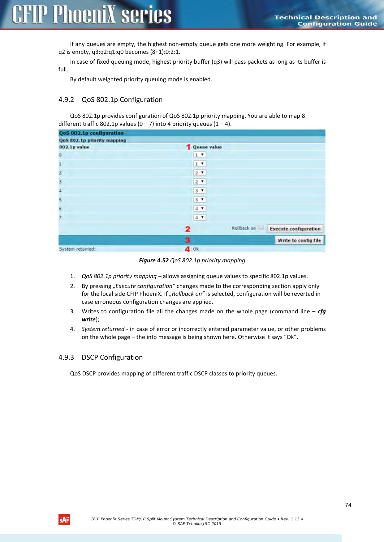    If any queues are empty, the highest non-empty queue gets one more weighting. For example, if q2 is empty, q3:q2:q1:q0 becomes (8+1):0:2:1. In case of fixed queuing mode, highest priority buffer (q3) will pass packets as long as its buffer is full. By default weighted priority queuing mode is enabled. 4.9.2 QoS 802.1p Configuration QoS 802.1p provides configuration of QoS 802.1p priority mapping. You are able to map 8 different traffic 802.1p values (0 – 7) into 4 priority queues (1 – 4).  Figure 4.52 QoS 802.1p priority mapping 1. QoS 802.1p priority mapping – allows assigning queue values to specific 802.1p values. 2. By pressing „Execute configuration” changes made to the corresponding section apply only for the local side CFIP PhoeniX. If „Rollback on” is selected, configuration will be reverted in case erroneous configuration changes are applied. 3. Writes to configuration file all the changes made on the whole page (command line –  cfg write); 4. System returned - in case of error or incorrectly entered parameter value, or other problems on the whole page – the info message is being shown here. Otherwise it says “Ok”. 4.9.3 DSCP Configuration QoS DSCP provides mapping of different traffic DSCP classes to priority queues.    CFIP PhoeniX Series TDM/IP Split Mount System Technical Description and Configuration Guide • Rev. 1.13 • © SAF Tehnika JSC 2015   74 
