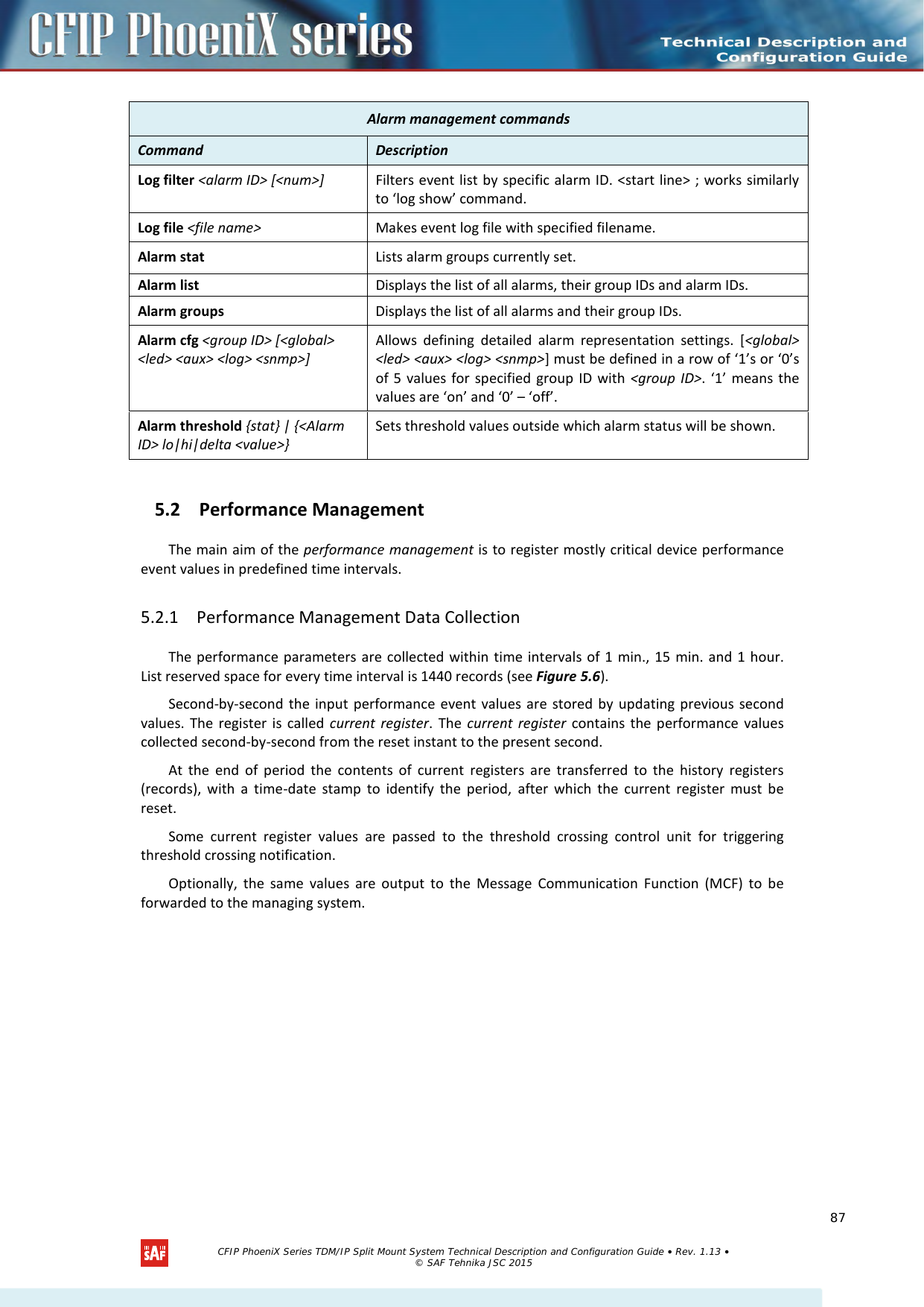    5.2 Performance Management The main aim of the performance management is to register mostly critical device performance event values in predefined time intervals. 5.2.1 Performance Management Data Collection The performance parameters are collected within time intervals of 1 min., 15 min. and 1 hour. List reserved space for every time interval is 1440 records (see Figure 5.6). Second-by-second the input performance event values are stored by updating previous second values. The register is called current register. The current register contains the performance values collected second-by-second from the reset instant to the present second.  At the end of period the contents of current registers are transferred to the history registers (records), with a time-date stamp to identify the period, after which the current register must be reset. Some current register values are passed to the threshold crossing control unit for triggering threshold crossing notification. Optionally,  the same values are output to the Message Communication Function (MCF) to be forwarded to the managing system. Alarm management commands Command  Description  Log filter &lt;alarm ID&gt; [&lt;num&gt;] Filters event list by specific alarm ID. &lt;start line&gt; ; works similarly to ‘log show’ command.  Log file &lt;file name&gt; Makes event log file with specified filename. Alarm stat Lists alarm groups currently set. Alarm list Displays the list of all alarms, their group IDs and alarm IDs. Alarm groups Displays the list of all alarms and their group IDs. Alarm cfg &lt;group ID&gt; [&lt;global&gt; &lt;led&gt; &lt;aux&gt; &lt;log&gt; &lt;snmp&gt;] Allows defining detailed alarm representation settings. [&lt;global&gt; &lt;led&gt; &lt;aux&gt; &lt;log&gt; &lt;snmp&gt;] must be defined in a row of ‘1’s or ‘0’s of 5 values for specified group ID with &lt;group ID&gt;. ‘1’ means the values are ‘on’ and ‘0’ – ‘off’. Alarm threshold {stat} | {&lt;Alarm ID&gt; lo|hi|delta &lt;value&gt;} Sets threshold values outside which alarm status will be shown.   CFIP PhoeniX Series TDM/IP Split Mount System Technical Description and Configuration Guide • Rev. 1.13 • © SAF Tehnika JSC 2015   87 