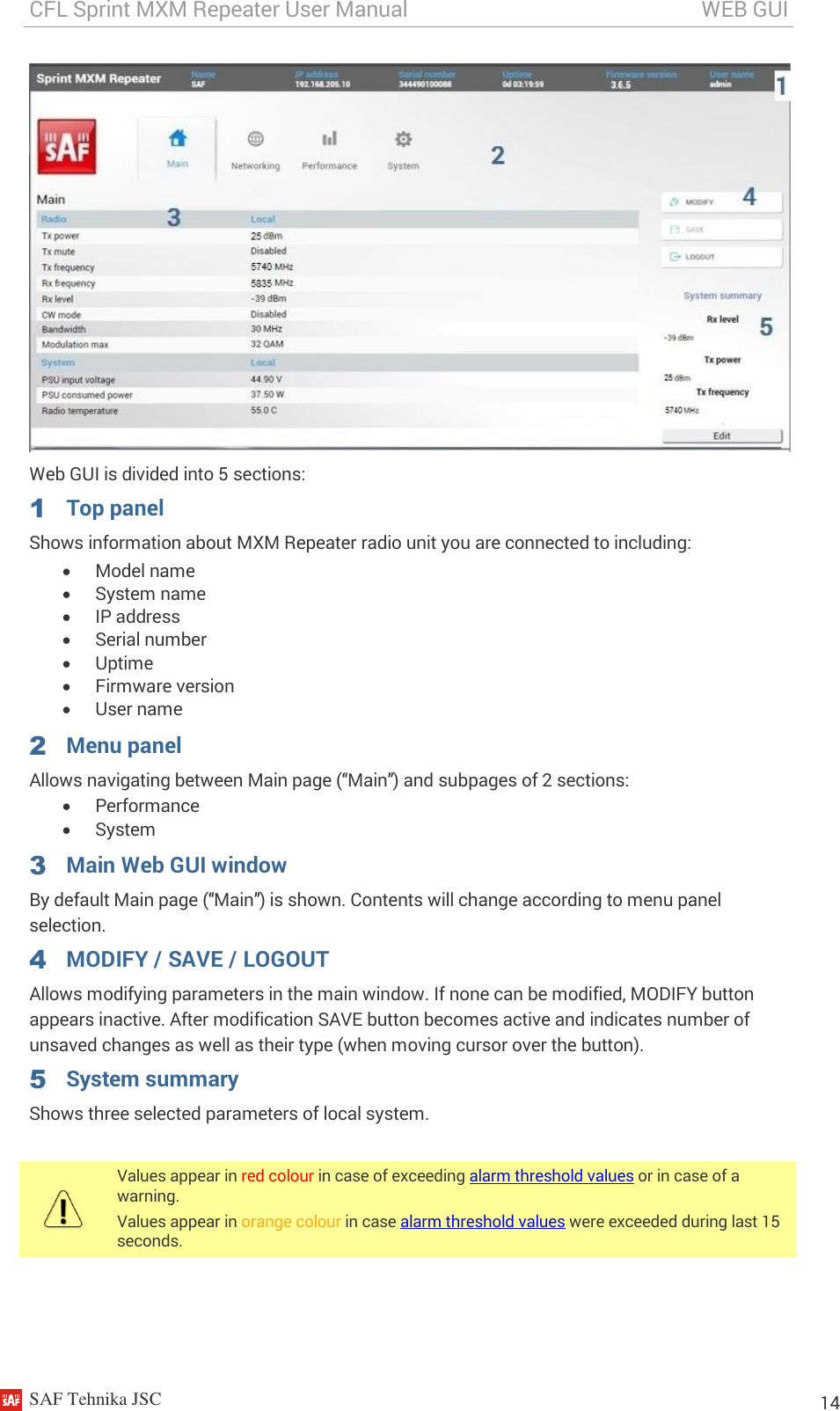 CFL Sprint MXM Repeater User Manual                                                       WEB GUI    SAF Tehnika JSC                                                                                                                                                          14   Web GUI is divided into 5 sections: 1  Top panel Shows information about MXM Repeater radio unit you are connected to including:  Model name  System name  IP address  Serial number  Uptime  Firmware version  User name 2  Menu panel Allows navigating between Main page (“Main”) and subpages of 2 sections:  Performance  System 3 Main Web GUI window By default Main page (“Main”) is shown. Contents will change according to menu panel selection. 4 MODIFY / SAVE / LOGOUT Allows modifying parameters in the main window. If none can be modified, MODIFY button appears inactive. After modification SAVE button becomes active and indicates number of unsaved changes as well as their type (when moving cursor over the button). 5 System summary Shows three selected parameters of local system.  Values appear in red colour in case of exceeding alarm threshold values or in case of a warning. Values appear in orange colour in case alarm threshold values were exceeded during last 15 seconds.  