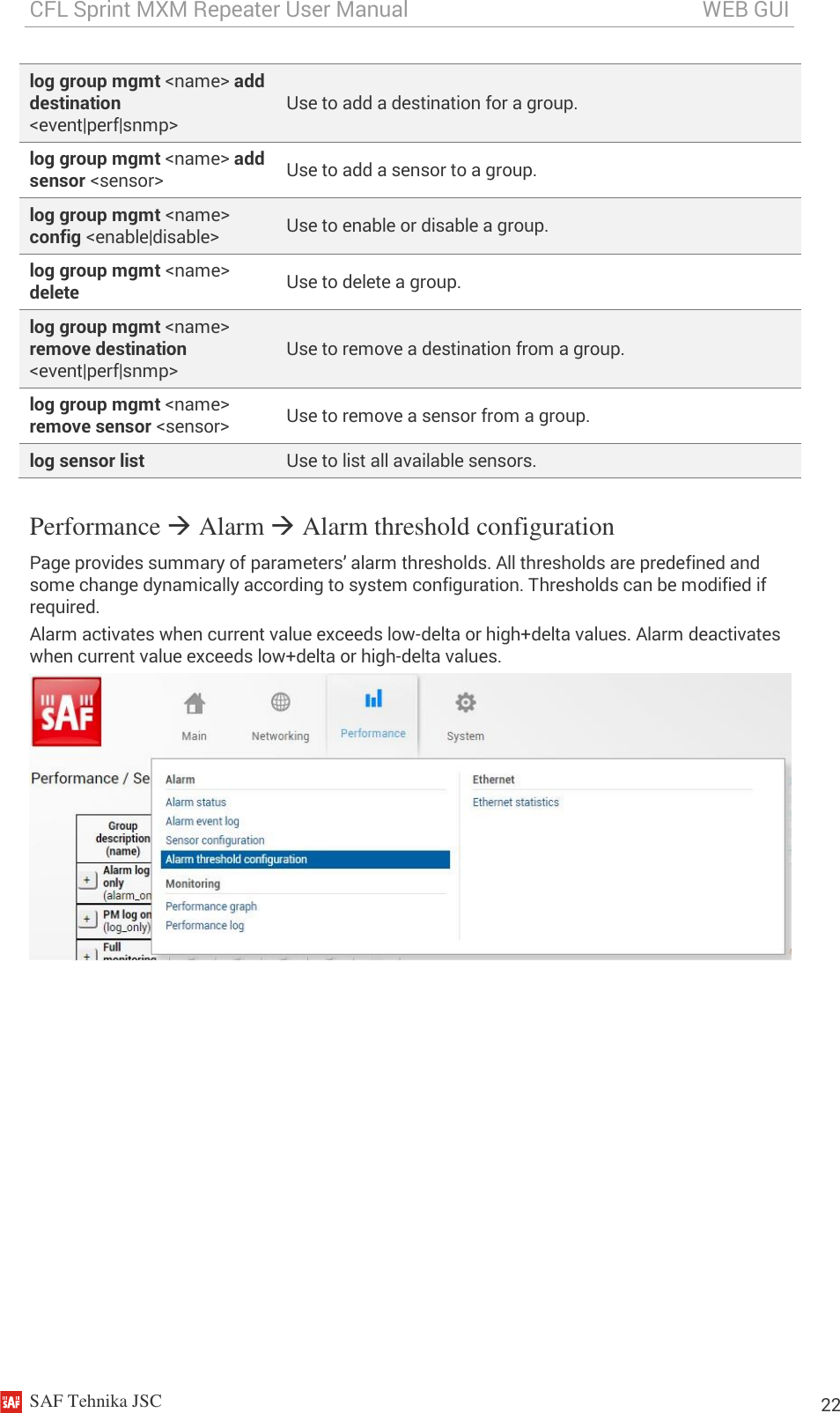 CFL Sprint MXM Repeater User Manual                                                       WEB GUI    SAF Tehnika JSC                                                                                                                                                          22 log group mgmt &lt;name&gt; add destination &lt;event|perf|snmp&gt; Use to add a destination for a group. log group mgmt &lt;name&gt; add sensor &lt;sensor&gt; Use to add a sensor to a group. log group mgmt &lt;name&gt; config &lt;enable|disable&gt; Use to enable or disable a group. log group mgmt &lt;name&gt; delete Use to delete a group. log group mgmt &lt;name&gt; remove destination &lt;event|perf|snmp&gt; Use to remove a destination from a group. log group mgmt &lt;name&gt; remove sensor &lt;sensor&gt; Use to remove a sensor from a group. log sensor list Use to list all available sensors. Performance  Alarm  Alarm threshold configuration Page provides summary of parameters’ alarm thresholds. All thresholds are predefined and some change dynamically according to system configuration. Thresholds can be modified if required.  Alarm activates when current value exceeds low-delta or high+delta values. Alarm deactivates when current value exceeds low+delta or high-delta values.  