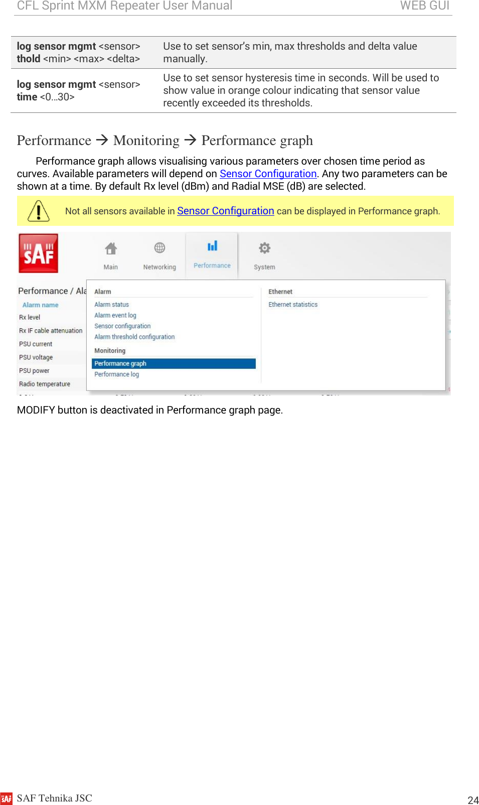 CFL Sprint MXM Repeater User Manual                                                       WEB GUI    SAF Tehnika JSC                                                                                                                                                          24 log sensor mgmt &lt;sensor&gt; thold &lt;min&gt; &lt;max&gt; &lt;delta&gt; Use to set sensor’s min, max thresholds and delta value manually. log sensor mgmt &lt;sensor&gt; time &lt;0…30&gt; Use to set sensor hysteresis time in seconds. Will be used to show value in orange colour indicating that sensor value recently exceeded its thresholds. Performance  Monitoring  Performance graph Performance graph allows visualising various parameters over chosen time period as curves. Available parameters will depend on Sensor Configuration. Any two parameters can be shown at a time. By default Rx level (dBm) and Radial MSE (dB) are selected.  Not all sensors available in Sensor Configuration can be displayed in Performance graph.  MODIFY button is deactivated in Performance graph page. 