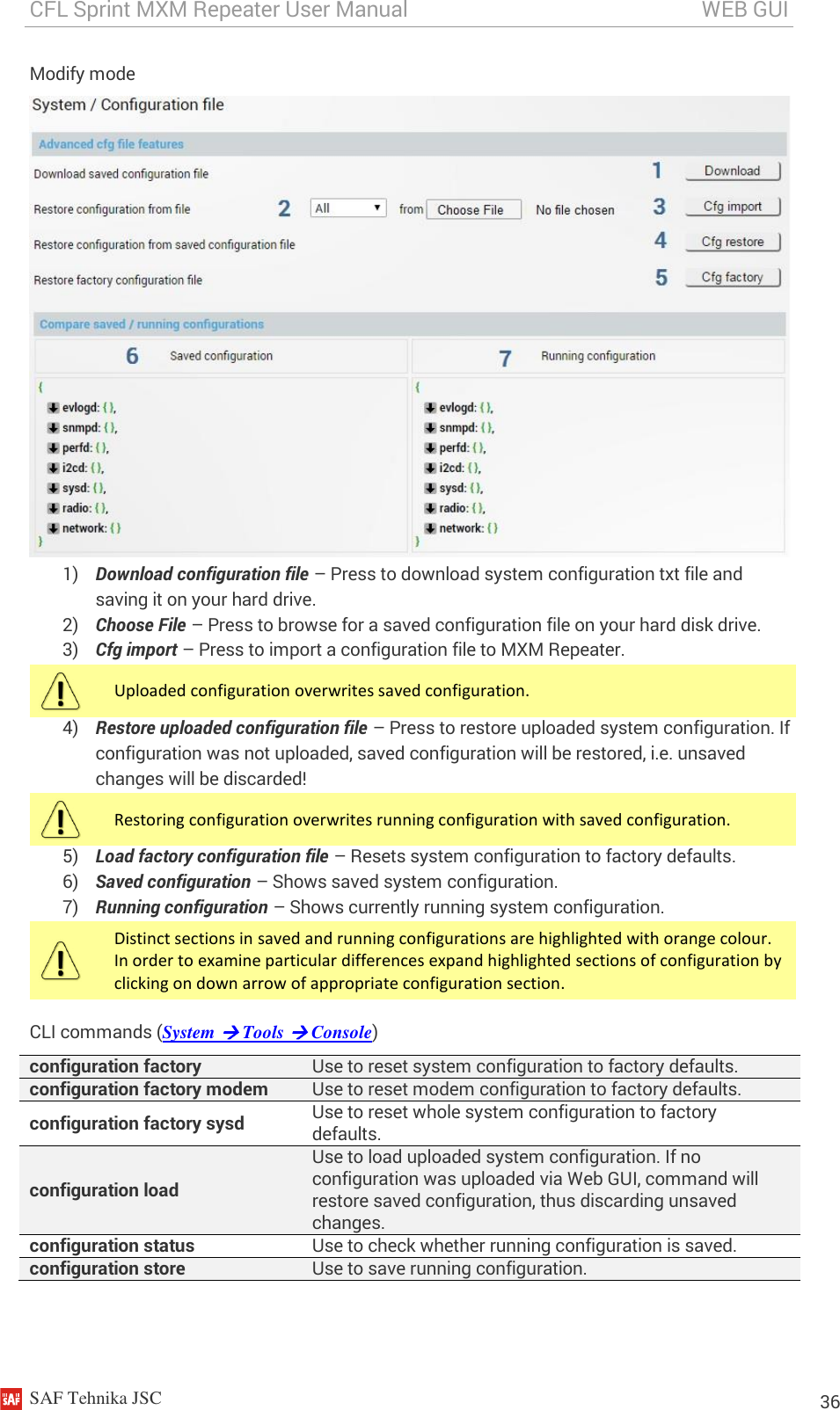 CFL Sprint MXM Repeater User Manual                                                       WEB GUI    SAF Tehnika JSC                                                                                                                                                          36 Modify mode  1) Download configuration file – Press to download system configuration txt file and saving it on your hard drive. 2) Choose File – Press to browse for a saved configuration file on your hard disk drive. 3) Cfg import – Press to import a configuration file to MXM Repeater.  Uploaded configuration overwrites saved configuration. 4) Restore uploaded configuration file – Press to restore uploaded system configuration. If configuration was not uploaded, saved configuration will be restored, i.e. unsaved changes will be discarded!  Restoring configuration overwrites running configuration with saved configuration. 5) Load factory configuration file – Resets system configuration to factory defaults. 6) Saved configuration – Shows saved system configuration. 7) Running configuration – Shows currently running system configuration.  Distinct sections in saved and running configurations are highlighted with orange colour. In order to examine particular differences expand highlighted sections of configuration by clicking on down arrow of appropriate configuration section. CLI commands (System  Tools  Console) configuration factory Use to reset system configuration to factory defaults. configuration factory modem Use to reset modem configuration to factory defaults. configuration factory sysd Use to reset whole system configuration to factory defaults. configuration load Use to load uploaded system configuration. If no configuration was uploaded via Web GUI, command will restore saved configuration, thus discarding unsaved changes. configuration status Use to check whether running configuration is saved. configuration store Use to save running configuration. 