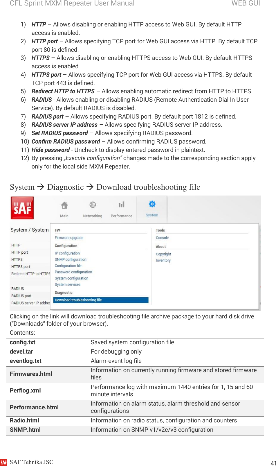 CFL Sprint MXM Repeater User Manual                                                       WEB GUI    SAF Tehnika JSC                                                                                                                                                          41 1) HTTP – Allows disabling or enabling HTTP access to Web GUI. By default HTTP access is enabled. 2) HTTP port – Allows specifying TCP port for Web GUI access via HTTP. By default TCP port 80 is defined. 3) HTTPS – Allows disabling or enabling HTTPS access to Web GUI. By default HTTPS access is enabled. 4) HTTPS port – Allows specifying TCP port for Web GUI access via HTTPS. By default TCP port 443 is defined. 5) Redirect HTTP to HTTPS – Allows enabling automatic redirect from HTTP to HTTPS. 6) RADIUS - Allows enabling or disabling RADIUS (Remote Authentication Dial In User Service). By default RADIUS is disabled. 7) RADIUS port – Allows specifying RADIUS port. By default port 1812 is defined. 8) RADIUS server IP address – Allows specifying RADIUS server IP address. 9) Set RADIUS password – Allows specifying RADIUS password. 10) Confirm RADIUS password – Allows confirming RADIUS password. 11) Hide password - Uncheck to display entered password in plaintext. 12) By pressing „Execute configuration” changes made to the corresponding section apply only for the local side MXM Repeater. System  Diagnostic  Download troubleshooting file  Clicking on the link will download troubleshooting file archive package to your hard disk drive (“Downloads” folder of your browser). Contents: config.txt Saved system configuration file. devel.tar For debugging only eventlog.txt Alarm-event log file Firmwares.html Information on currently running firmware and stored firmware files Perflog.xml Performance log with maximum 1440 entries for 1, 15 and 60 minute intervals Performance.html Information on alarm status, alarm threshold and sensor configurations Radio.html Information on radio status, configuration and counters SNMP.html Information on SNMP v1/v2c/v3 configuration 