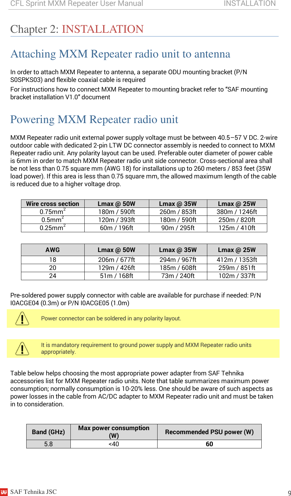 CFL Sprint MXM Repeater User Manual                                           INSTALLATION    SAF Tehnika JSC                                                                                                                                                          9 Chapter 2: INSTALLATION Attaching MXM Repeater radio unit to antenna In order to attach MXM Repeater to antenna, a separate ODU mounting bracket (P/N S0SPKS03) and flexible coaxial cable is required For instructions how to connect MXM Repeater to mounting bracket refer to “SAF mounting bracket installation V1.0” document Powering MXM Repeater radio unit MXM Repeater radio unit external power supply voltage must be between 40.5–57 V DC. 2-wire outdoor cable with dedicated 2-pin LTW DC connector assembly is needed to connect to MXM Repeater radio unit. Any polarity layout can be used. Preferable outer diameter of power cable is 6mm in order to match MXM Repeater radio unit side connector. Cross-sectional area shall be not less than 0.75 square mm (AWG 18) for installations up to 260 meters / 853 feet (35W load power). If this area is less than 0.75 square mm, the allowed maximum length of the cable is reduced due to a higher voltage drop.  Wire cross section Lmax @ 50W Lmax @ 35W Lmax @ 25W 0.75mm2 180m / 590ft 260m / 853ft 380m / 1246ft 0.5mm2 120m / 393ft 180m / 590ft 250m / 820ft 0.25mm2 60m / 196ft 90m / 295ft 125m / 410ft  AWG Lmax @ 50W Lmax @ 35W Lmax @ 25W 18 206m / 677ft 294m / 967ft 412m / 1353ft  20 129m / 426ft 185m / 608ft 259m / 851ft 24 51m / 168ft 73m / 240ft 102m / 337ft  Pre-soldered power supply connector with cable are available for purchase if needed: P/N I0ACGE04 (0.3m) or P/N I0ACGE05 (1.0m)  Power connector can be soldered in any polarity layout.   It is mandatory requirement to ground power supply and MXM Repeater radio units appropriately.  Table below helps choosing the most appropriate power adapter from SAF Tehnika accessories list for MXM Repeater radio units. Note that table summarizes maximum power consumption; normally consumption is 10-20% less. One should be aware of such aspects as power losses in the cable from AC/DC adapter to MXM Repeater radio unit and must be taken in to consideration.   Band (GHz) Max power consumption (W) Recommended PSU power (W) 5.8 &lt;40 60    