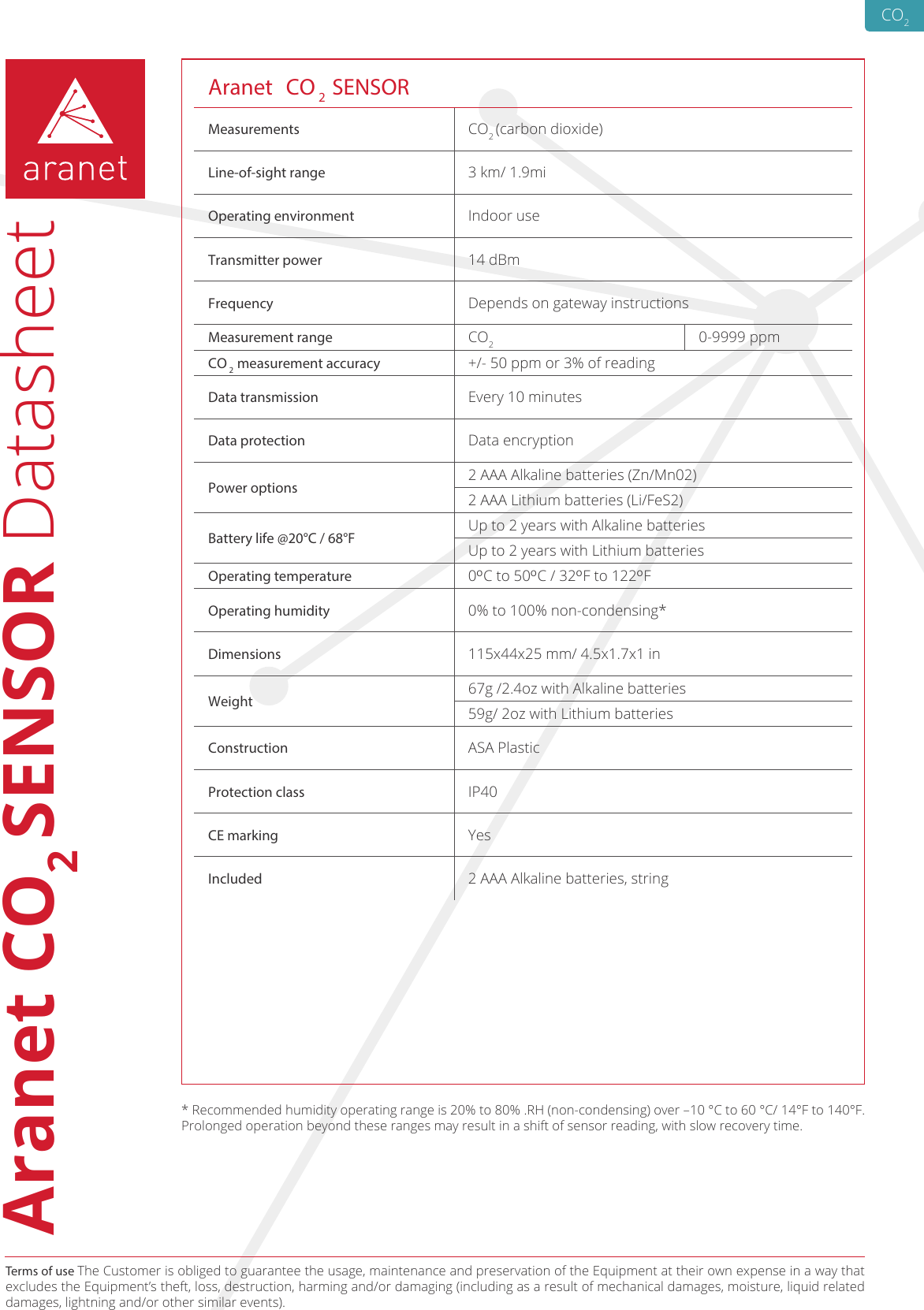 Aranet CO2 SENSOR DatasheetTerms of use The Customer is obliged to guarantee the usage, maintenance and preservation of the Equipment at their own expense in a way that excludes the Equipment’s theft, loss, destruction, harming and/or damaging (including as a result of mechanical damages, moisture, liquid related damages, lightning and/or other similar events).Aranet  CO 2 SENSORMeasurements CO2 (carbon dioxide)Line-of-sight range 3 km/ 1.9miOperating environment Indoor useTransmitter power 14 dBmFrequency Depends on gateway instructionsMeasurement range CO20-9999 ppmCO 2 measurement accuracy +/- 50 ppm or 3% of readingData transmission Every 10 minutesData protection Data encryptionPower options 2 AAA Alkaline batteries (Zn/Mn02)2 AAA Lithium batteries (Li/FeS2)Battery life @20°C / 68°F Up to 2 years with Alkaline batteriesUp to 2 years with Lithium batteriesOperating temperature 0OC to 50OC / 32OF to 122OFOperating humidity 0% to 100% non-condensing*Dimensions 115x44x25 mm/ 4.5x1.7x1 inWeight 67g /2.4oz with Alkaline batteries59g/ 2oz with Lithium batteriesConstruction ASA PlasticProtection class IP40CE marking YesIncluded 2 AAA Alkaline batteries, string* Recommended humidity operating range is 20% to 80% .RH (non-condensing) over –10 °C to 60 °C/ 14°F to 140°F. Prolonged operation beyond these ranges may result in a shift of sensor reading, with slow recovery time.CO2