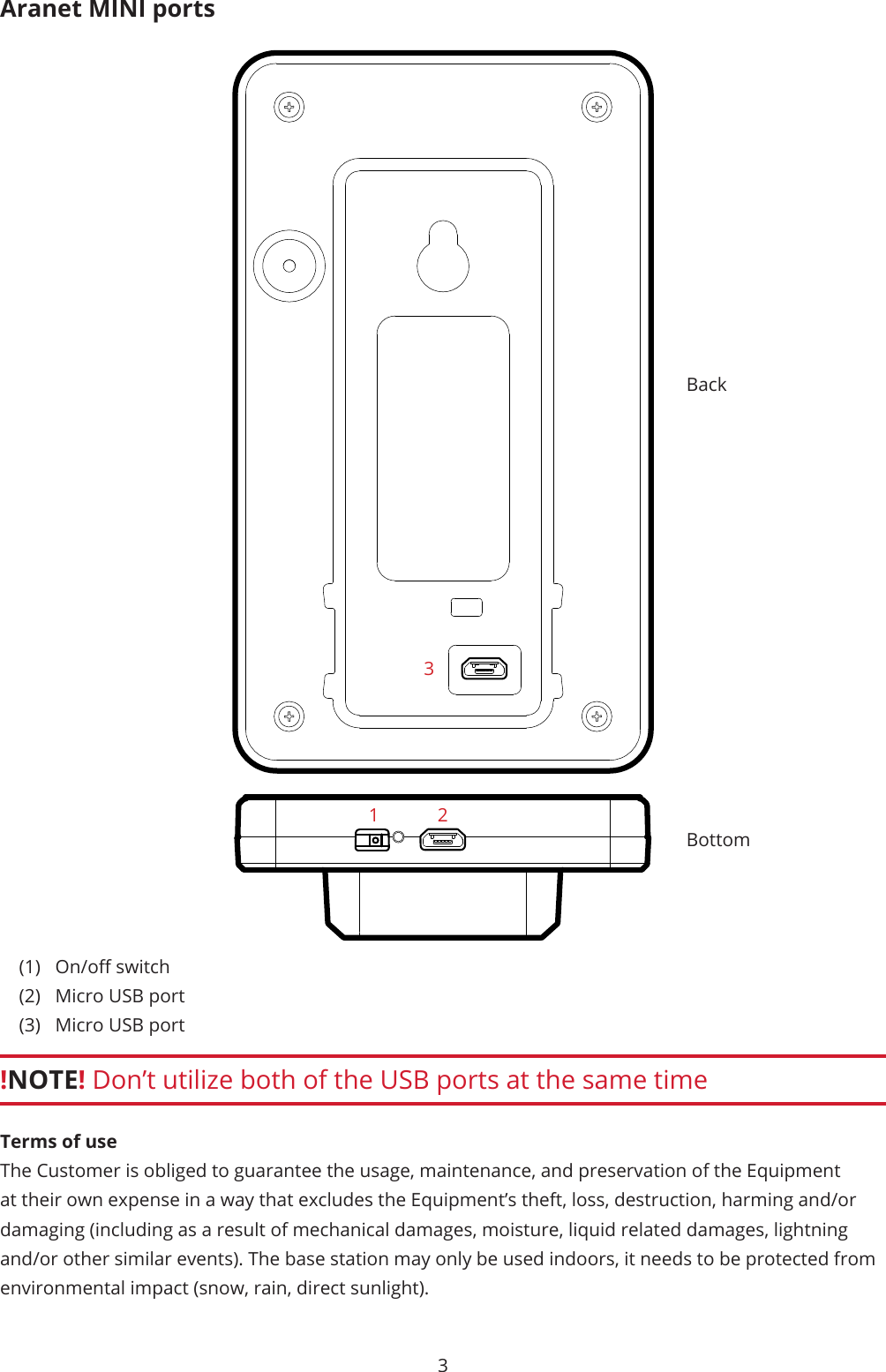 3Aranet MINI ports(1)  On/o switch(2)  Micro USB port(3)  Micro USB port!NOTE! Don’t utilize both of the USB ports at the same timeTerms of use The Customer is obliged to guarantee the usage, maintenance, and preservation of the Equipment at their own expense in a way that excludes the Equipment’s theft, loss, destruction, harming and/or damaging (including as a result of mechanical damages, moisture, liquid related damages, lightning and/or other similar events). The base station may only be used indoors, it needs to be protected from environmental impact (snow, rain, direct sunlight).1 23BackBottom